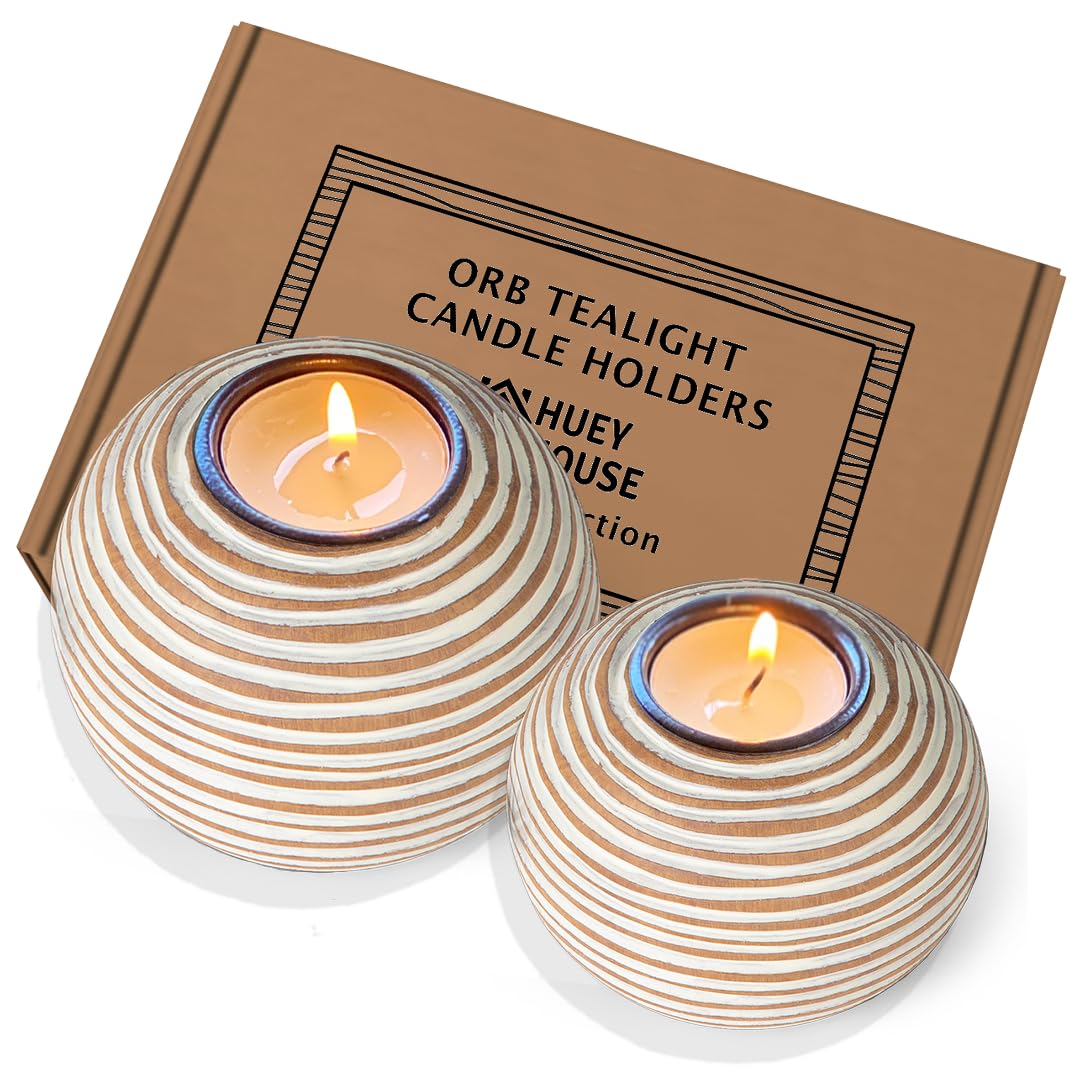 Tuva Orb Candle Holders (Gift Boxed Set of 2), Table Centerpieces for Dining or Living Room, Spa, Bathroom, Kitchen Counter, Mantle or Coffee Table Decor (Light Brown and White)