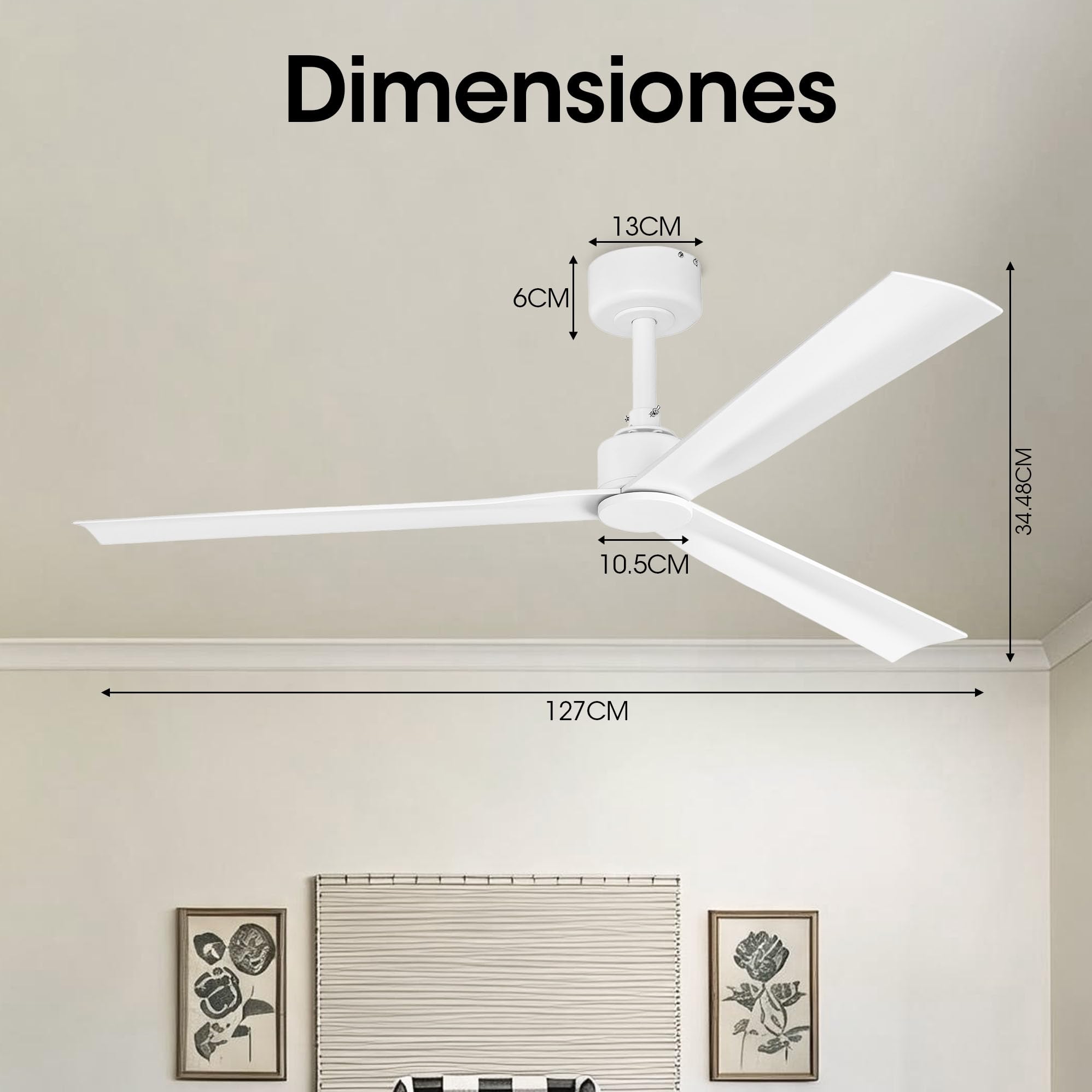 Parrot Uncle Ventilador de Techo 127cm, 40W, 6 Velocidades, Ultra Silencioso, Mando a Distancia, Motor DC, Temporizador, Función Verano/Invierno Dormitorio,Blanco