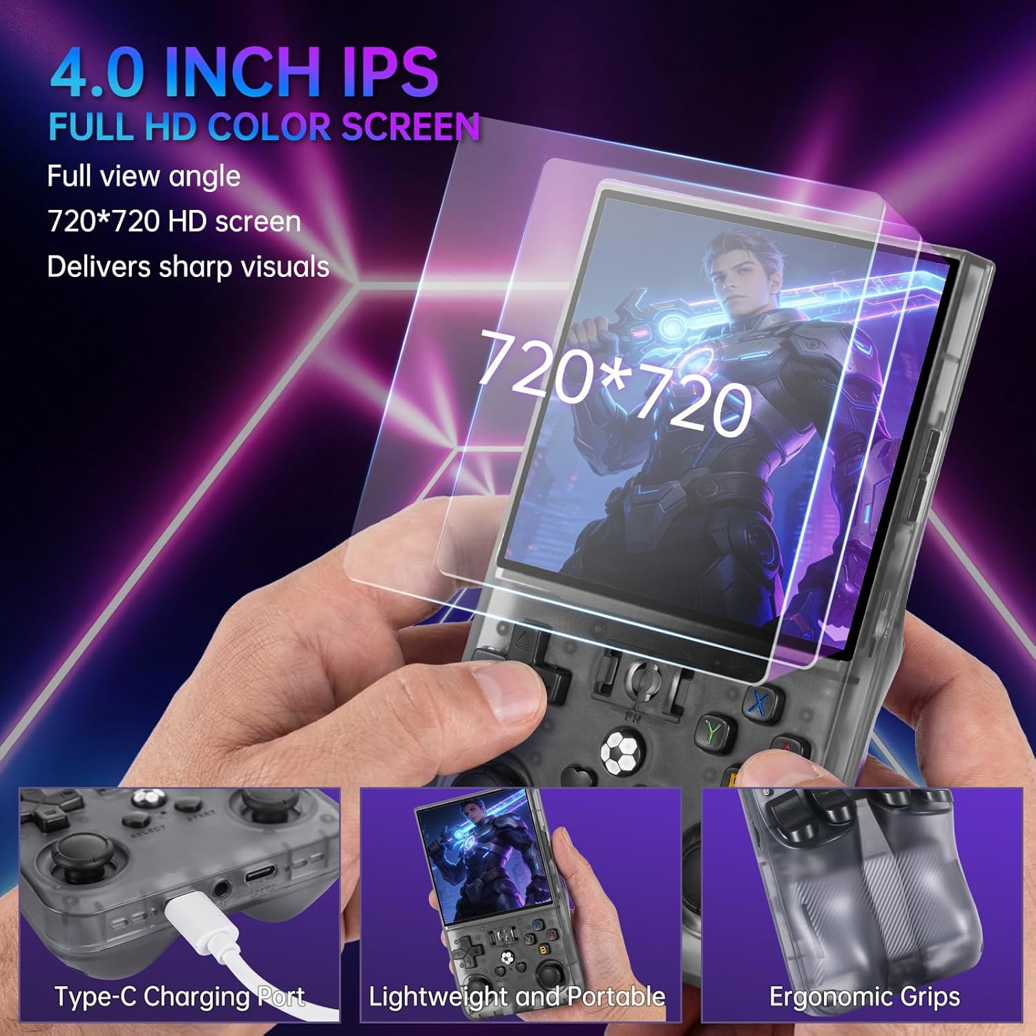 R36MAX Retro Handheld Game Console, 4.0 inch IPS HD Screen Retro Game Console with 4000mAh Battery, Portable Video Gaming Console with 64GB TF Card, Open Source Linux System, Support 30+ Emulators - Image 2