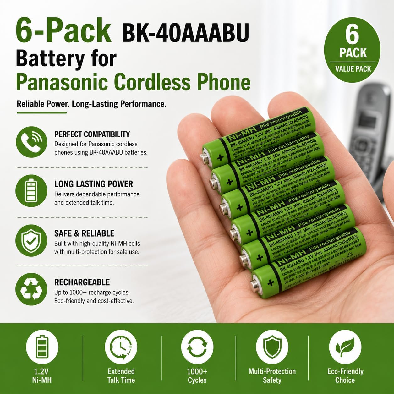 6-Pack BK-40AAABU Battery for Panasonic Cordless Phone image 5