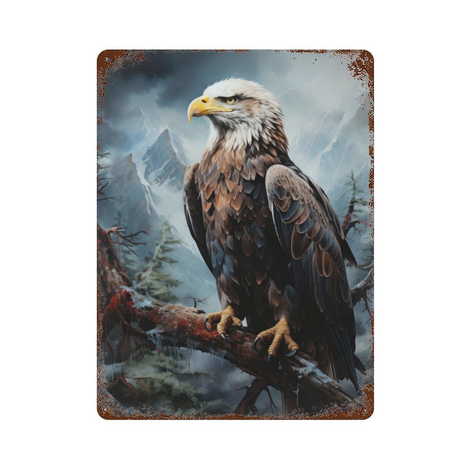 Rust Effect Hawk on Branch Weathered Tin Sign 15.7"x11.8", Classic Wall Plaque for Living Room, Hallway And Home Decor