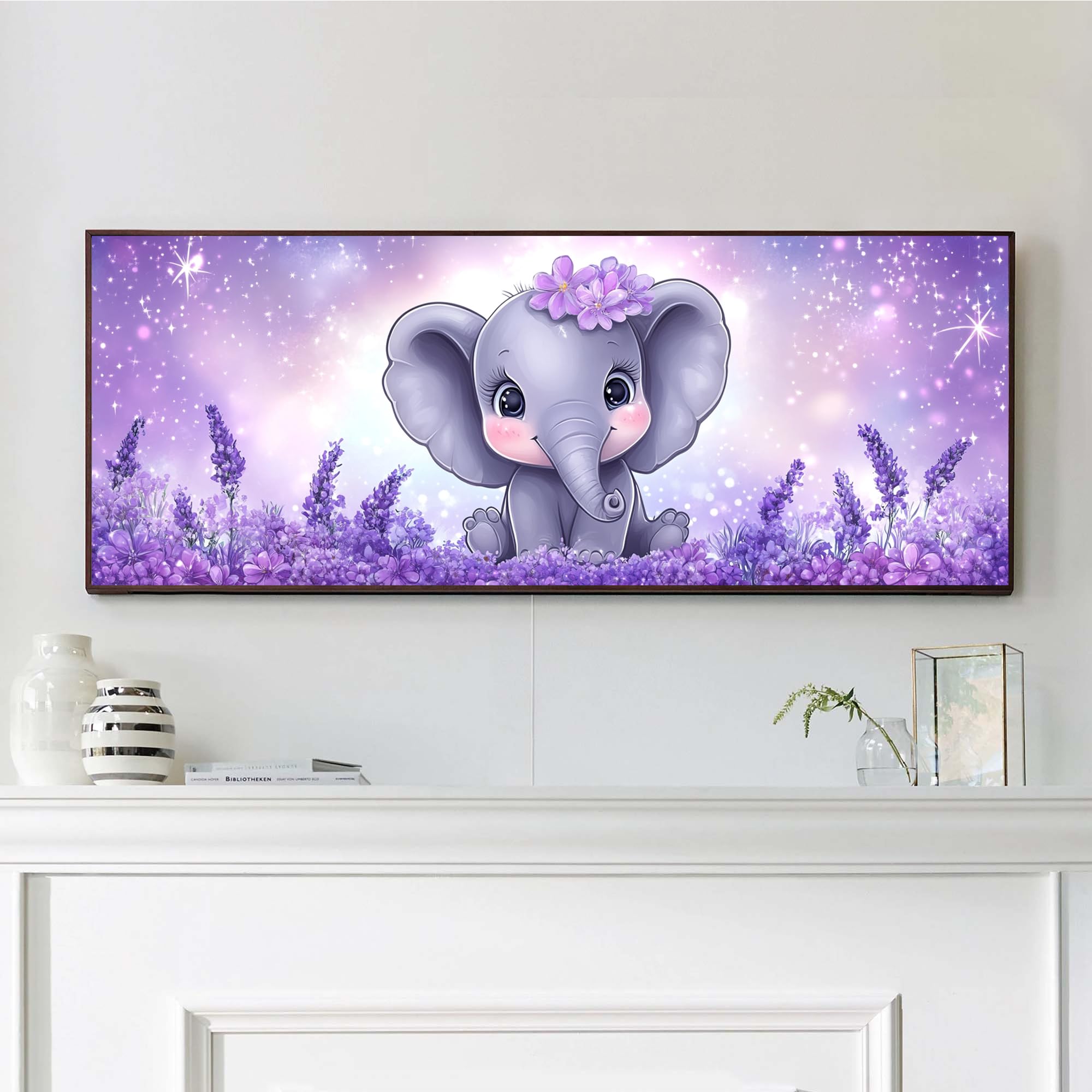 VAIIEYO Elephant Large Diamond Painting Kit, Large Diamond Art for Adults Animal Purple Flower, Paint with Round Full Drill Crystal Rhinestone Diamonds Gem Art for Home Wall Decoration Gift 12X31Inch