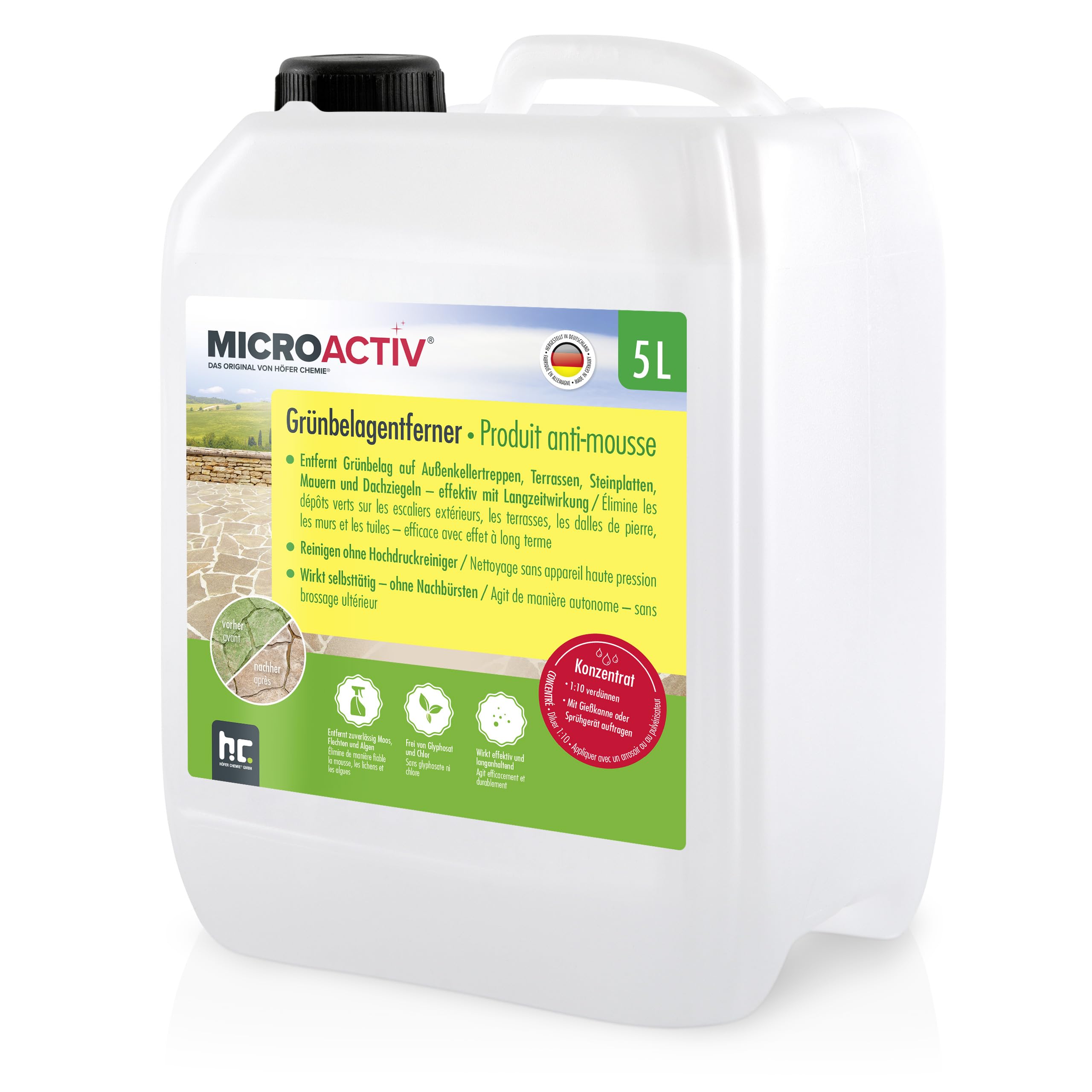 MICROACTIV® Nettoyant Pierre et Anti-Mousse Concentré 1 x 5L - Destructeur de Dépôts Verts, Algues et Lichens pour Terrasse, Mur, Toiture - Formule Autonettoyante Professionnelle
