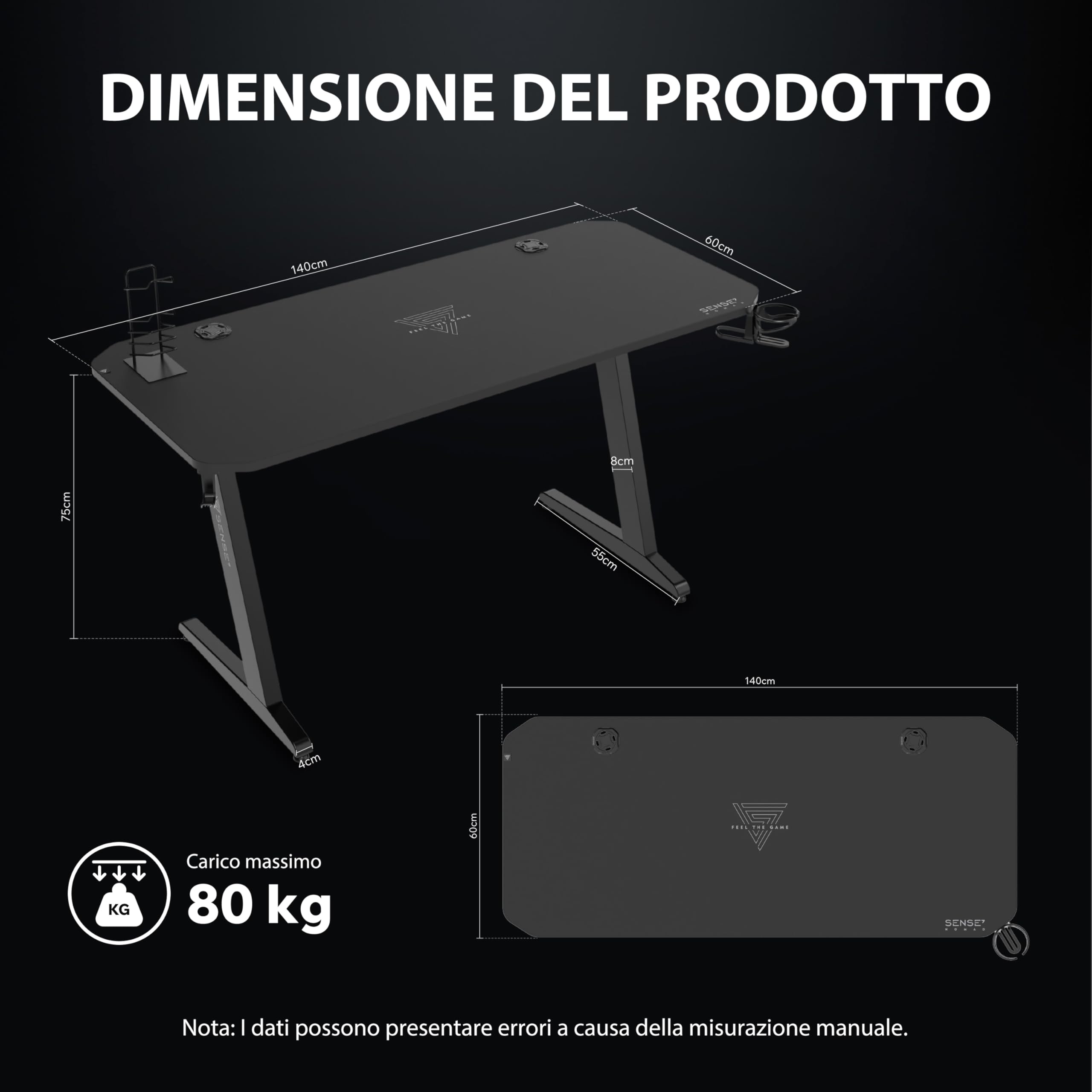 SENSE7 Scrivania Nomad Classic, tavolo gaming 140x60 con gancio per cuffie, porta bevande, supporto controller e superficie in fibra di carbonio, Ergonomico e ideale per il gaming