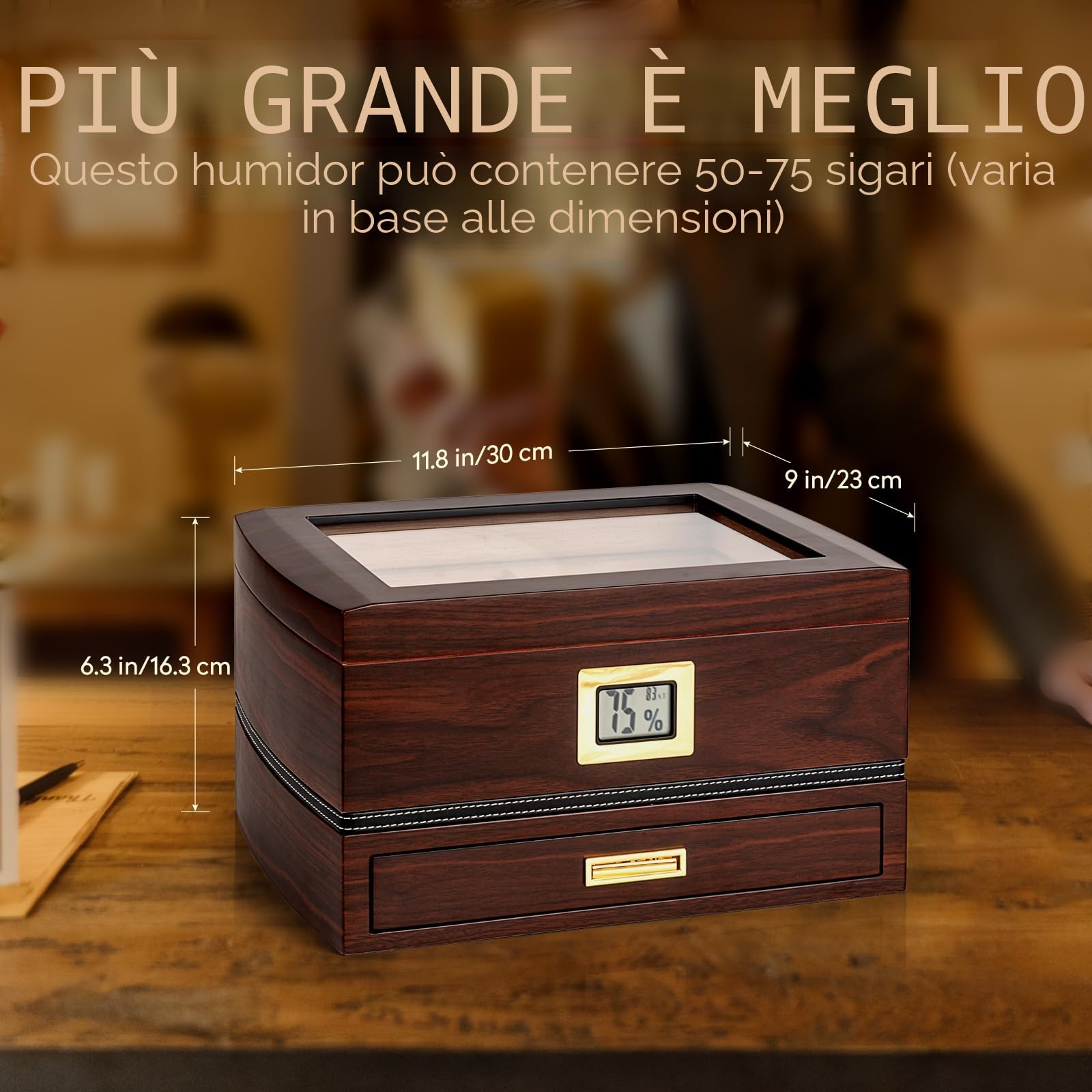 Humidor in Cedro per 75 Sigari, Igrometro, Finitura Noce | Cedro spagnolo, vetro temperato, igrometro, umidificatore, 2 divisori e cassetto accessori in feltro; fino a 75 sigari