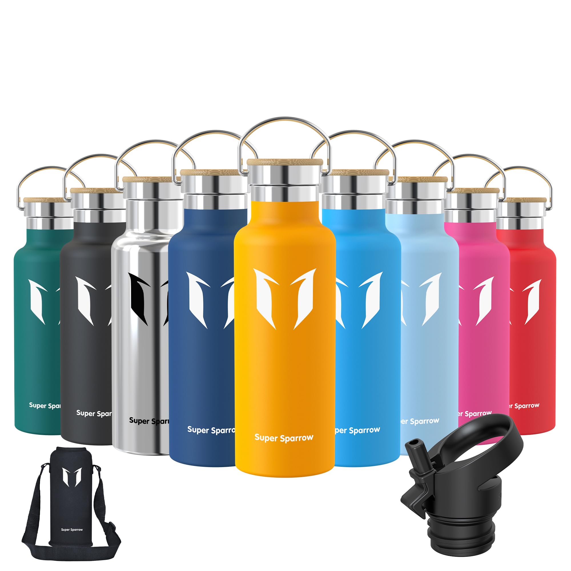 Sponsored Ad – Super Sparrow Water Bottle Stainless Steel - 350ml/500ml/620ml/750ml/1L- Insulated Metal Water Bottles - Standard Mouth Flask - BPA Free - Straw Bottle for Work, Gym, Sports - 2 Lids
