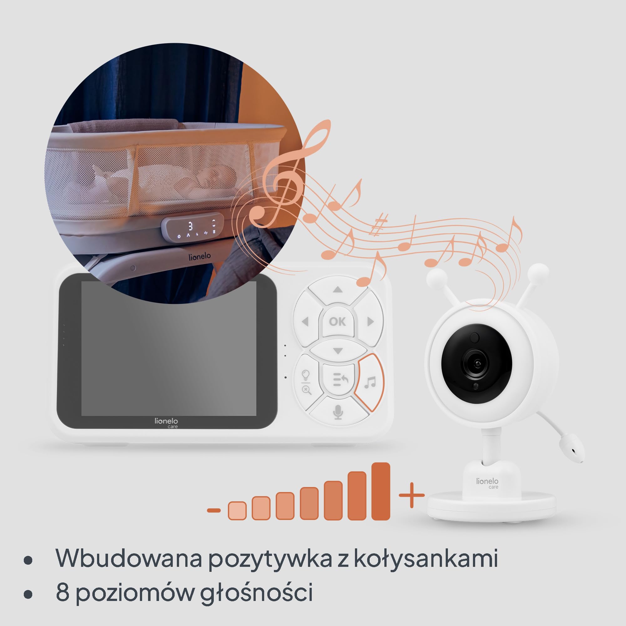 Lionelo Babyline 3.4 Wideoniania Niania Elektroniczna z Kamerą bez Wi-Fi z Nocną Noktowizją, LCD 3,5 Cala, VOX i Interkom, Zoom 4x, Alarm Płaczu i Temperatury, Kołysanki, Kabel 2,8 m, Bateria 3000 mAh