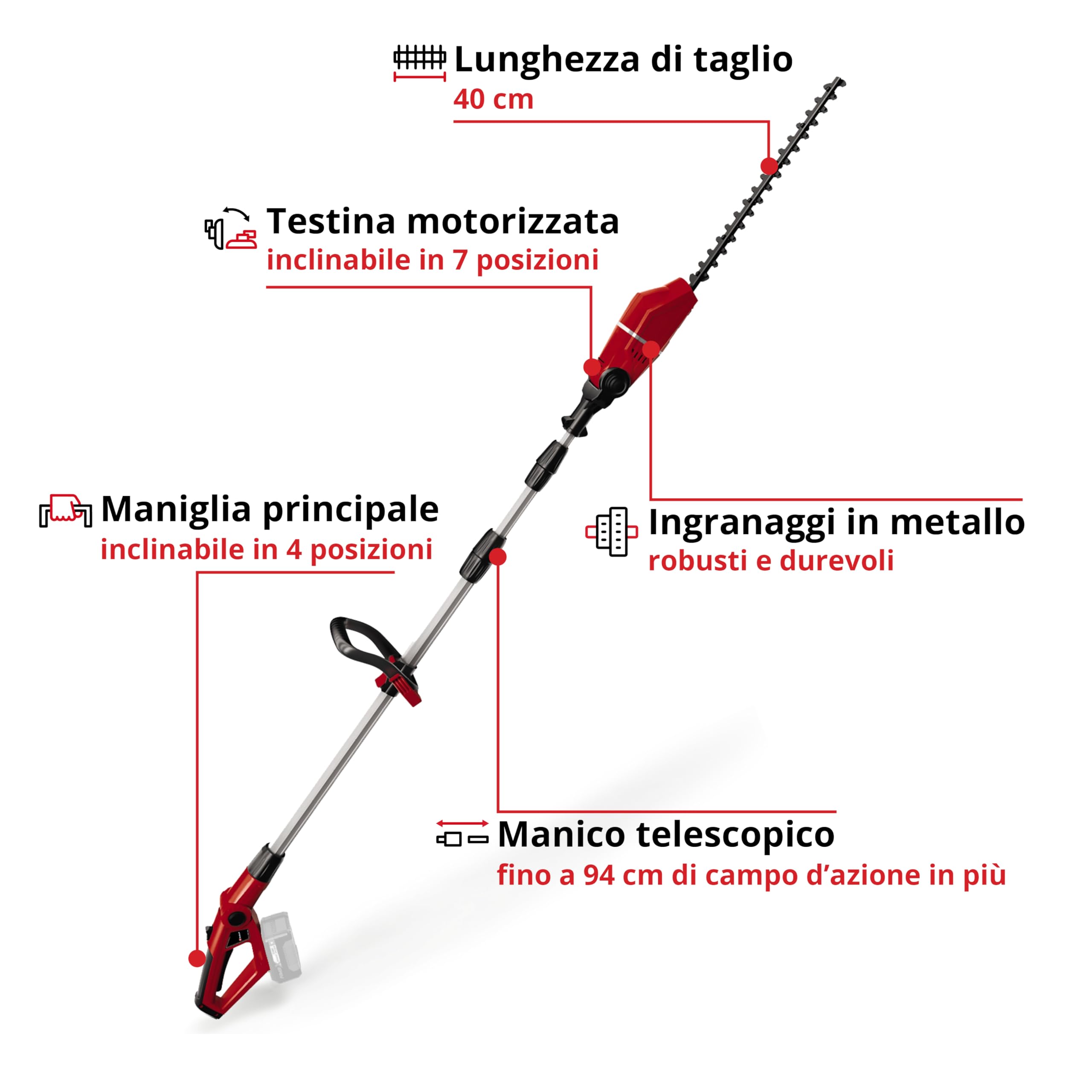 Einhell GE-HH 18/45 Li T-Solo Tagliasiepi telescopico a batteria Power X-Change (lungh.barra 450 mm, lungh. Taglio 400 mm, passo denti 16 mm, senza batteria e caricabatteria)