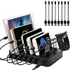 PRITEK Charging Station with 8pcs Short Charge Cables, 60W 6 Ports USB Charger Station Desktop Organizer Charging Dock Compatible for Multiple Electronic Devices