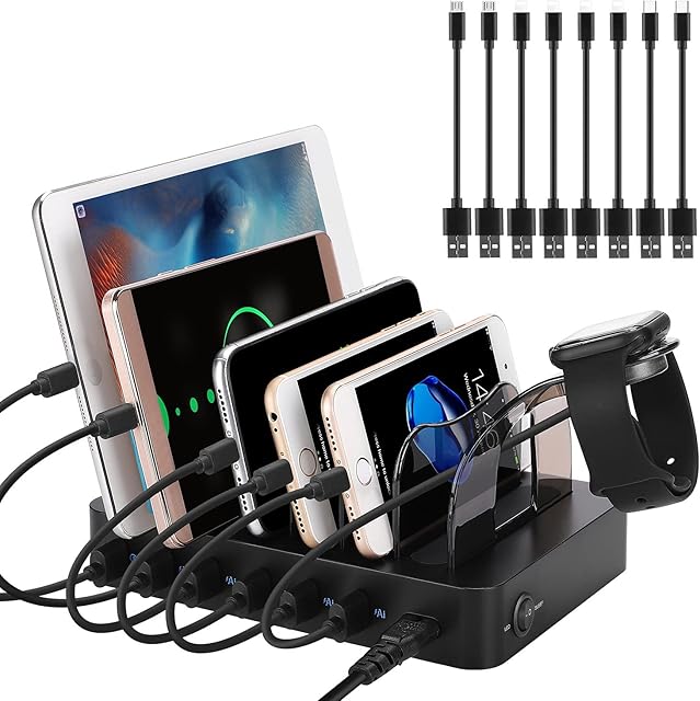 PRITEK Charging Station with 8pcs Short Charge Cables, 60W 6 Ports USB Charger Station Desktop Organizer Charging Dock Compatible for Phone Tablet Earphone Speaker MP4 MP3 Multiple Electronic Devices