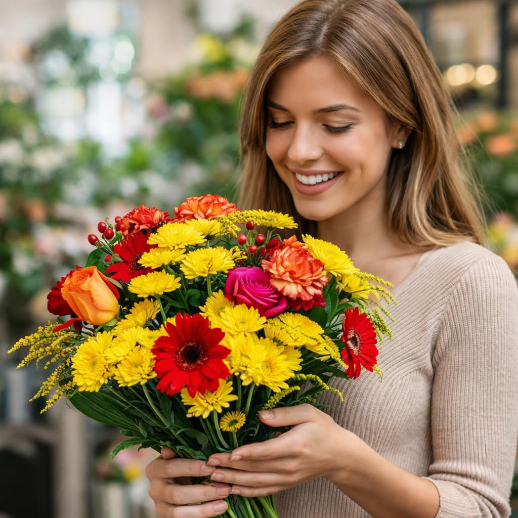 eFiori - Consegna a MANO da un FIORISTA Fiori Freschi a domicilio, Mazzo di Fiori VERI tonalità calde + Verde decorativo. DEDICA INCLUSA -> Opzione regalo