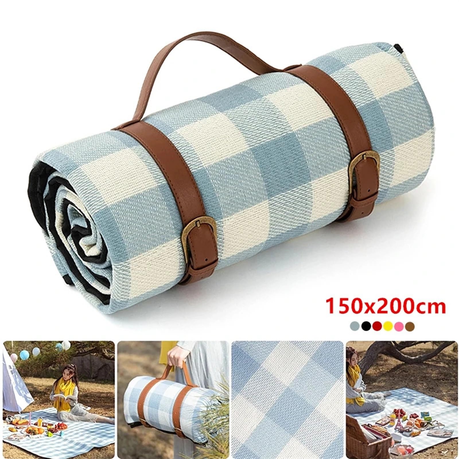 Tappetino da spiaggia impermeabile senza sabbia, multicolore, 150 x 200 cm, con cinturino in pelle, perfetto per campeggio e avventure all'aria aperta, design Roze
