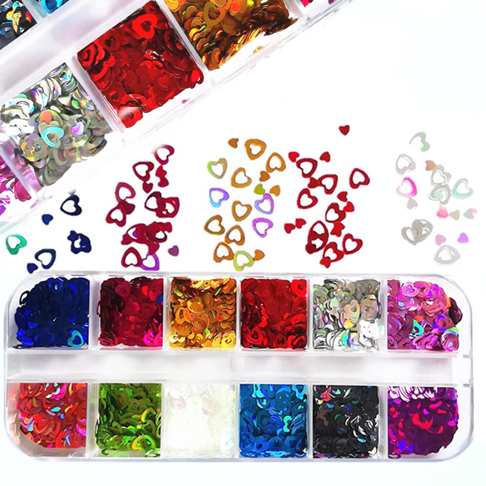 Furimuk Nail Art Hollow Heart Glitter Sequins 12 Colors Holographic Sparky Mixed Heart Nail Decals for Valentine's Day, Heart Shaped Nail Sequins Laser Heart Nail Glitter for Acrylic Nail Decoration .