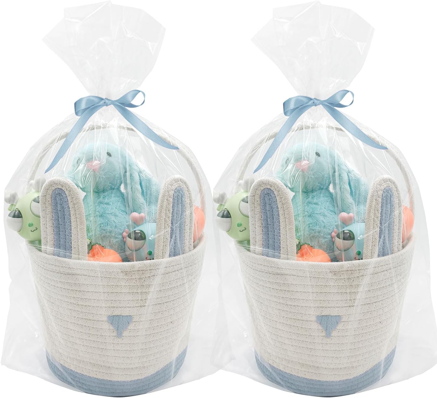 2 Pack Large Woven Easter Baskets for Boys & Kids - Empty Basket with Gift Bags and Ribbons Cute Easter Decorations Bunny Ears Designs Blue