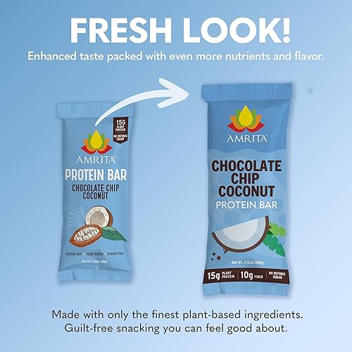 Miniatura 2 de Amrita Barras veganas de chocolate con chispas de coco, sin gluten, con alto contenido de proteínas, 0.53 oz de proteína a base de plantas, alta
