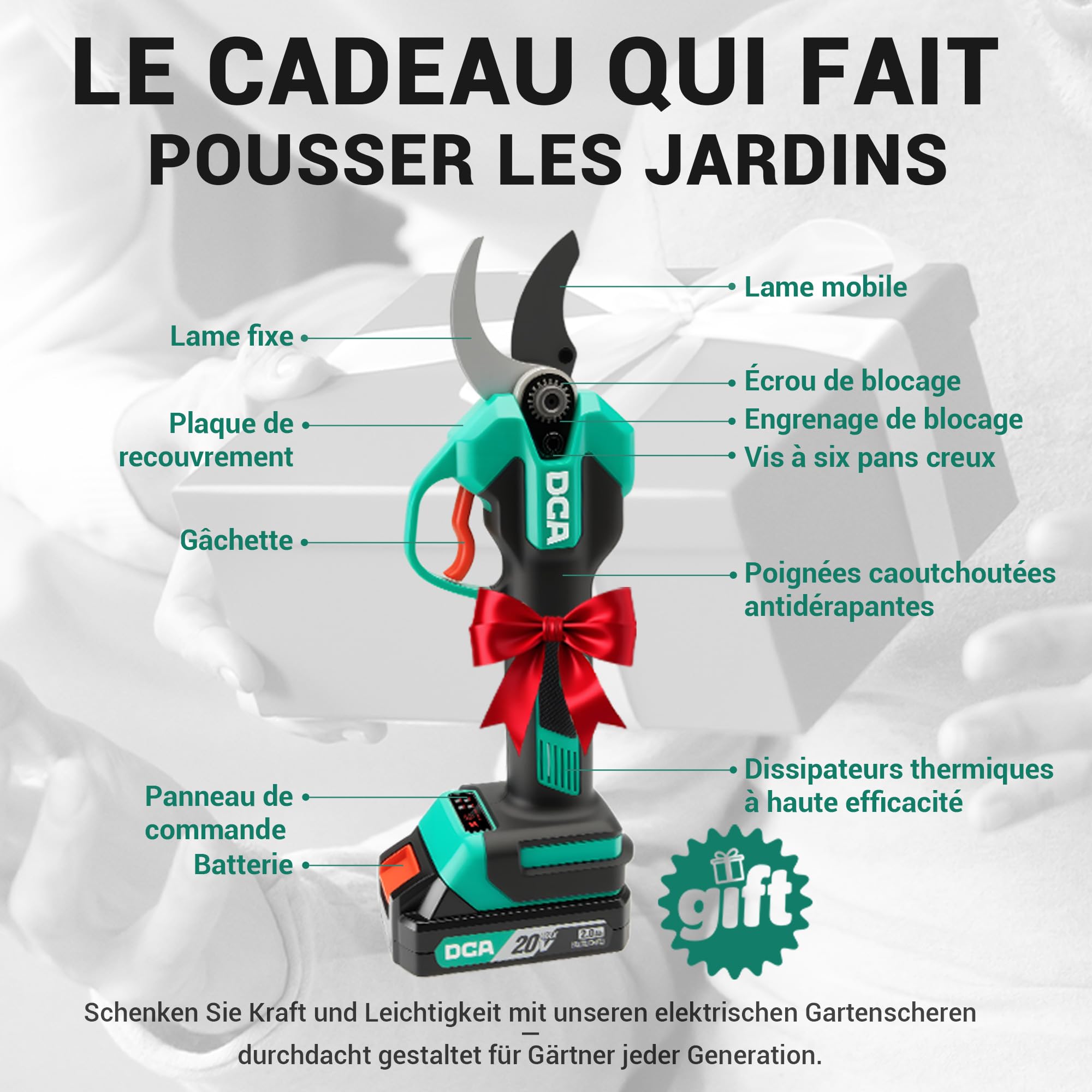 DCA Sécateur Électrique Sans fil 20V, max 35mm Secateur Electrique Moteur Sans Balais avec batterie 2,0Ah, lame SK5 avec étui de sécurité portable pour la taille jardinage vignoble arbres fruitiers