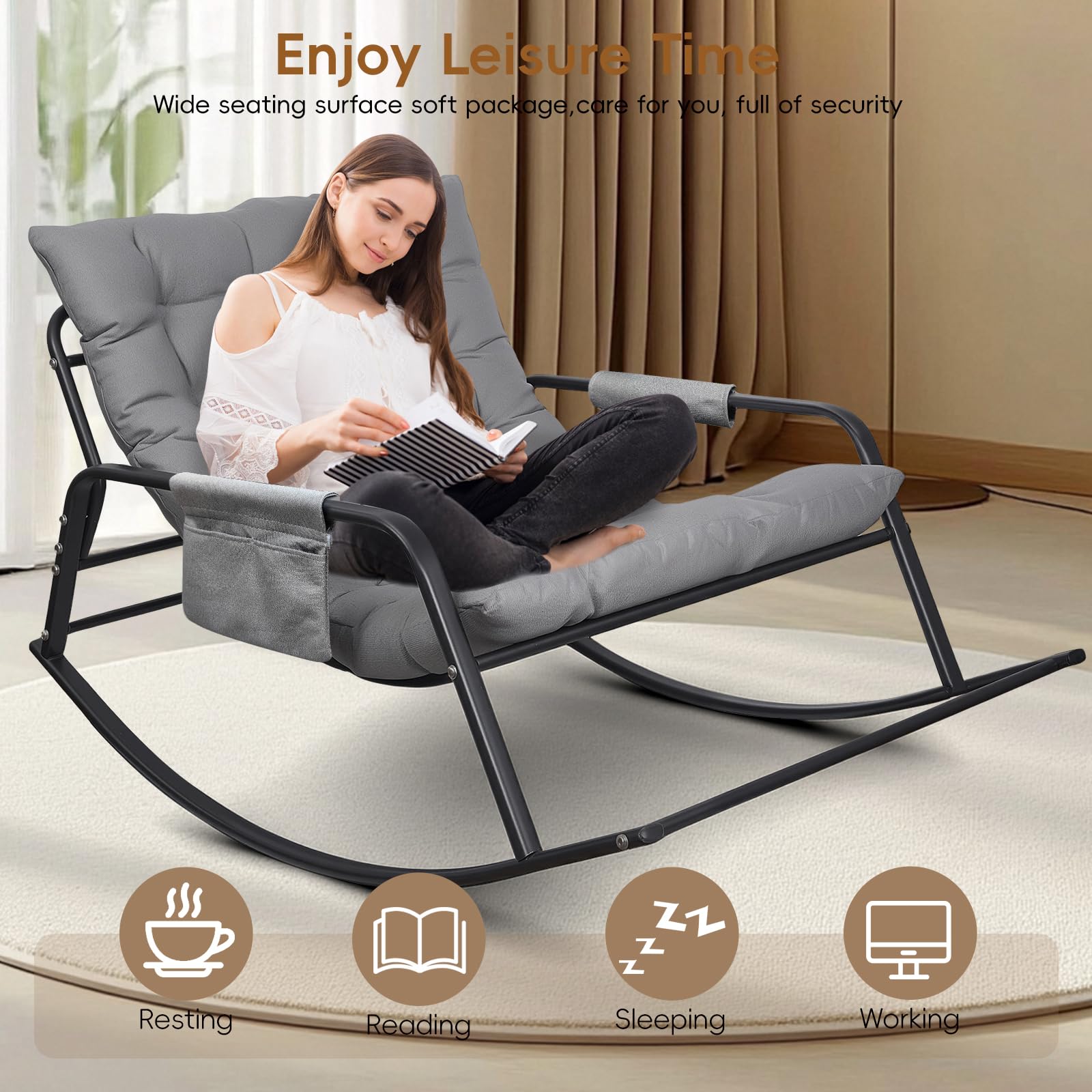 Schaukelstuhl für drinnen, draußen ergonomischer Schaukelsessel, Wohnzimmer Relaxstuhl mit gepolsterter, bis 300kg belastbar für Garten, Schlafzimmer, Wohnzimmer, Ecke, Veranda (Grau)