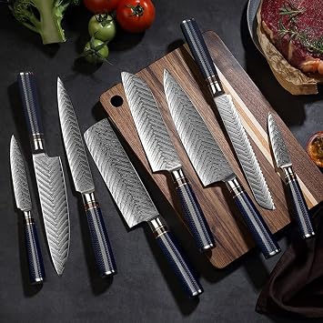 Kitchen Knife Sets, 8PCS Damascus Steel Knife VG10 Western Chef,s Knife Honeycomb Resin Handle High Carbon Steel Chef Knife Raw Cooking Knife Set