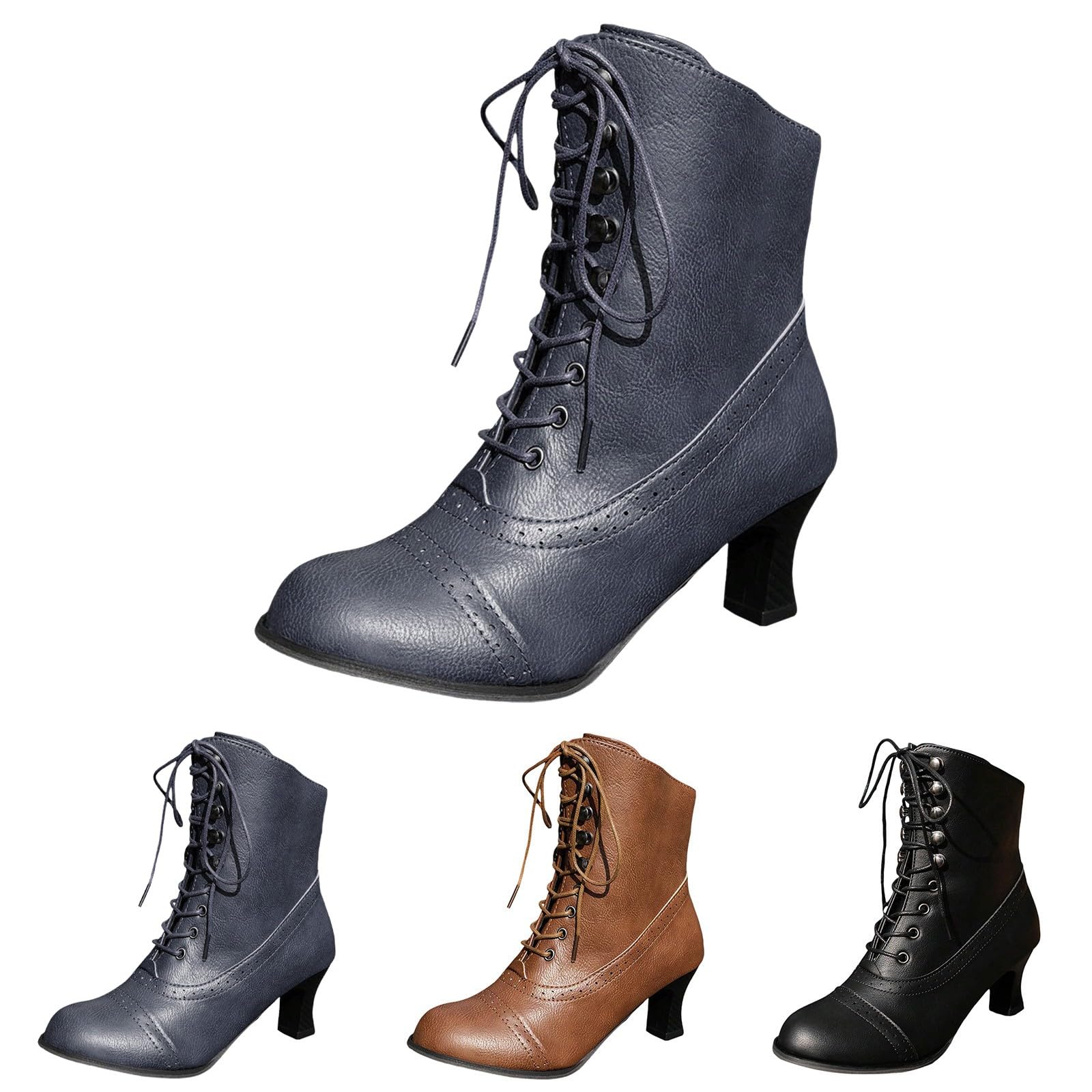 Bottes Demi-Punk Gothique à Lacets Et Fermeture Éclair - Talons Bloc, Style Victorien Vintage Pour Femmes