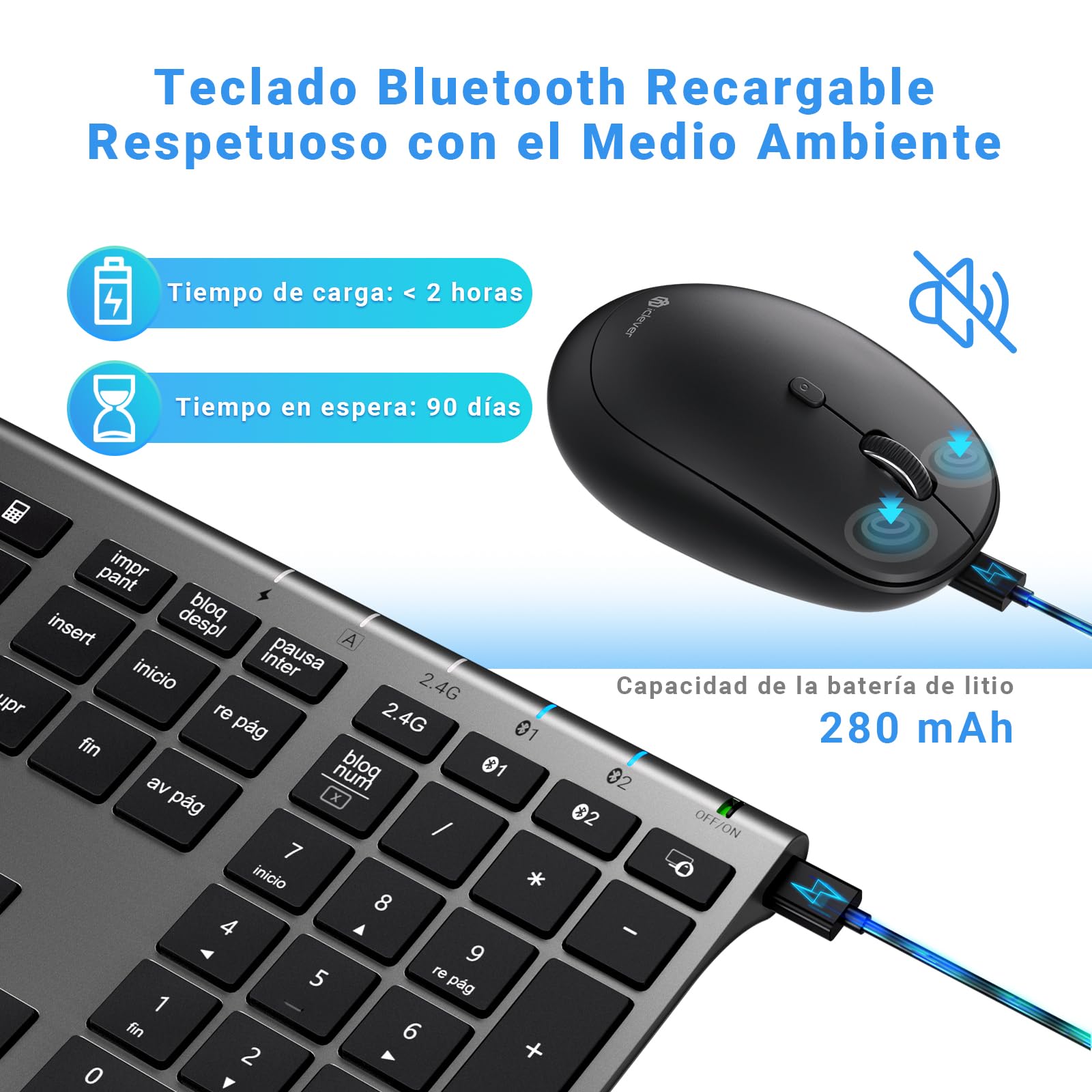iClever Bluetooth/2.4G Teclado y Ratón DK03-QWERTY Español Teclado Ratón Inalámbrico, Recargable, Multidispositivo, Ergonómico, Tamaño Completo, Delgado para Mac, iPad, Apple, Android, Win