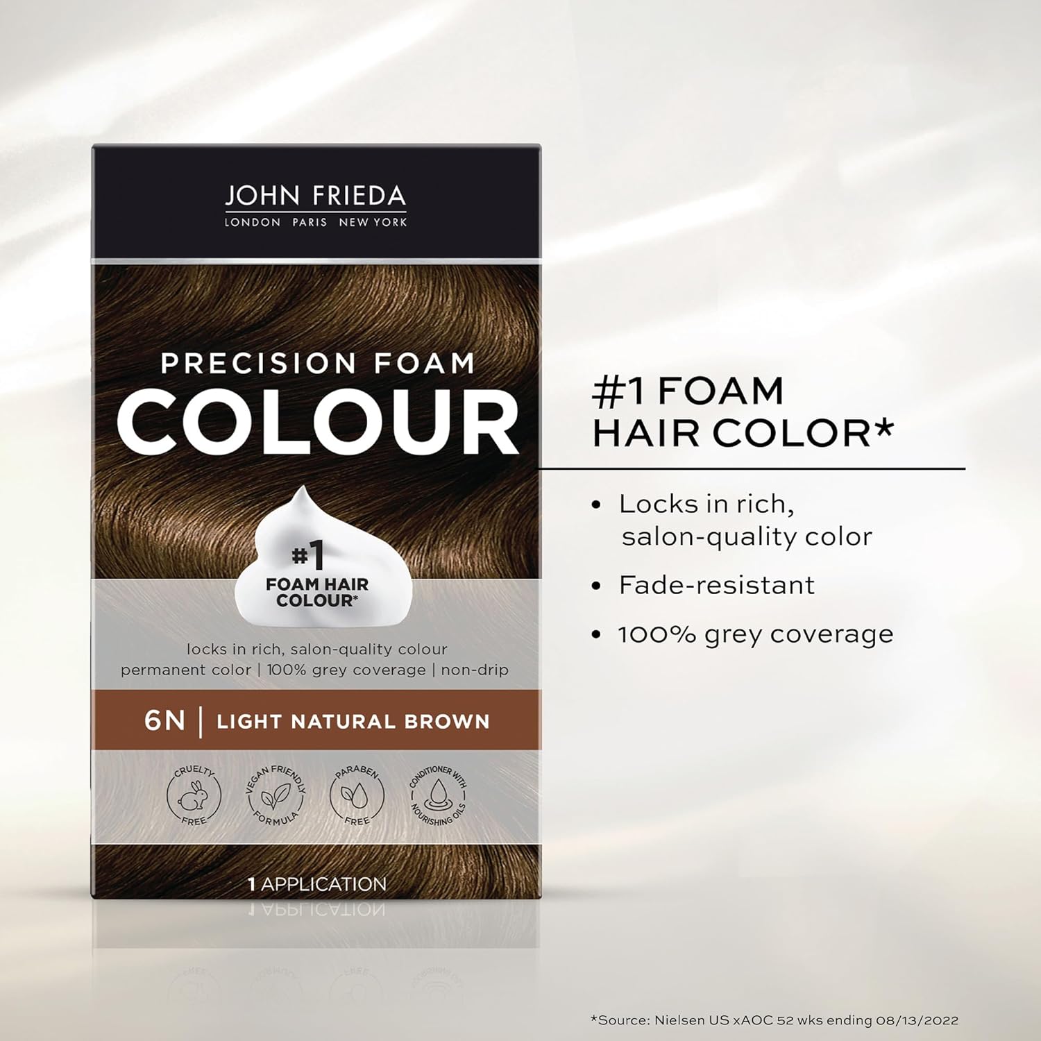 John Frieda Precision Foam Colour, Light Natural Brown 6N, Full-Coverage Hair Color Kit, Anti-Fade Gray Coverage, Deep Color Saturation Hair Dye, 1 Application (Pack of 2)