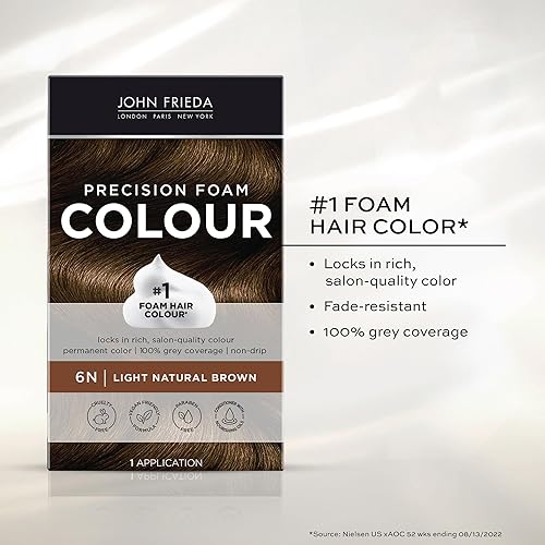 Miniatura 8 de John Frieda Color de espuma de precisión, marrón natural claro 6N, kit de color de cabello de cobertura completa, cobertura de canas