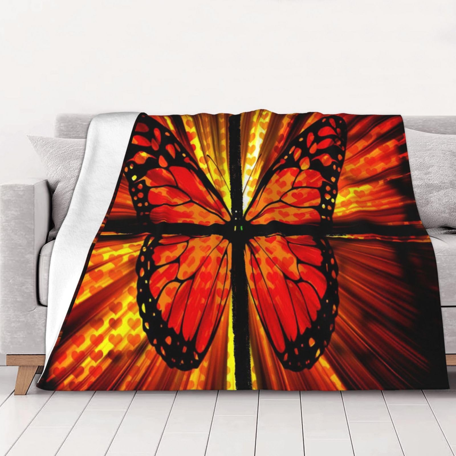 AUBKFELD Orange Butterfly Printed Flannel Blanket 200x150 CM, Soft & Warm Throw Blanket for Sofa/Couch/Bed/Car, Gifts for Audlts Women Men