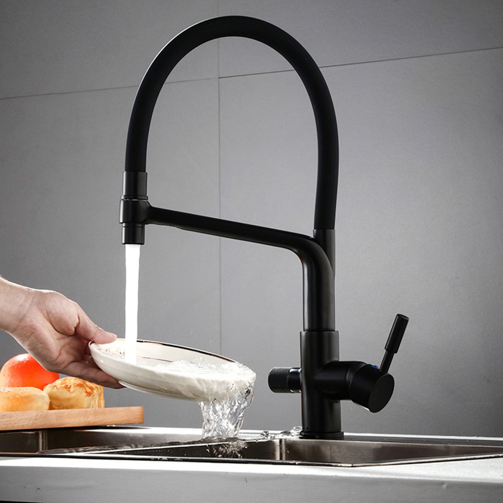 Grifo de Cocina 3 Vias Extraible Latón Agua Purificada 2 Asas Grifo Cocina-Negro