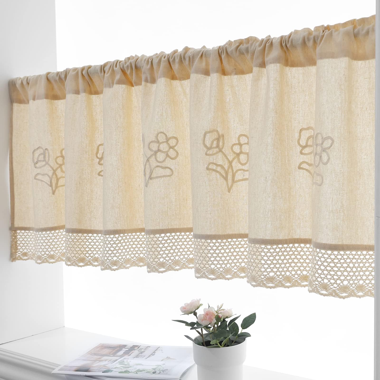 Valance for Window Door Decor Cotton-Linen - Crochet Short Curtain with Flower, H 21 x W 57 Inch, 1 Panel, ZHH