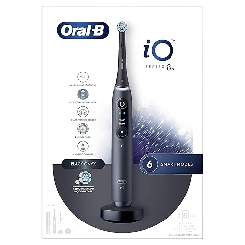 Immagine del prodotto Oral-B Spazzolino Elettrico Ricaricabile iO 8N, Sensore di Pressione, Display Interattivo, Intelligenza Artificiale, 6 Modalità, 2 Testine, 1 Spazzolino, 1 Custodia da Viaggio, Nero, Idea Regalo