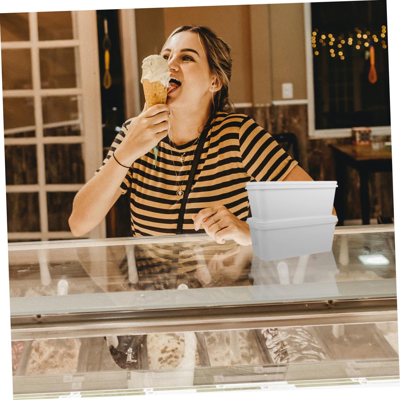 SECFOU Set da 2 Contenitori per Gelato in Plastica Bianca da 3 Litri, per Conservare e Preparare Gelato a Casa Chiusura Ermetica e Design Rettangolare
