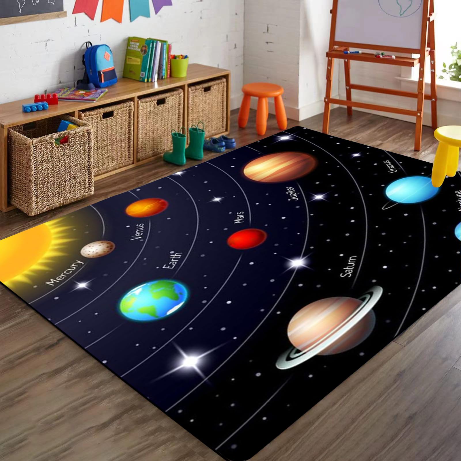 Bycmuoz Space Solar System Kids Rugs, 120x180cm, Planets Universe Starry Sky High Traffic Rug, Durable Soft Cozy Low Pile Carpet, Reduce Noise Non Skid Playing Mat for Boys Girls Indoor Family
