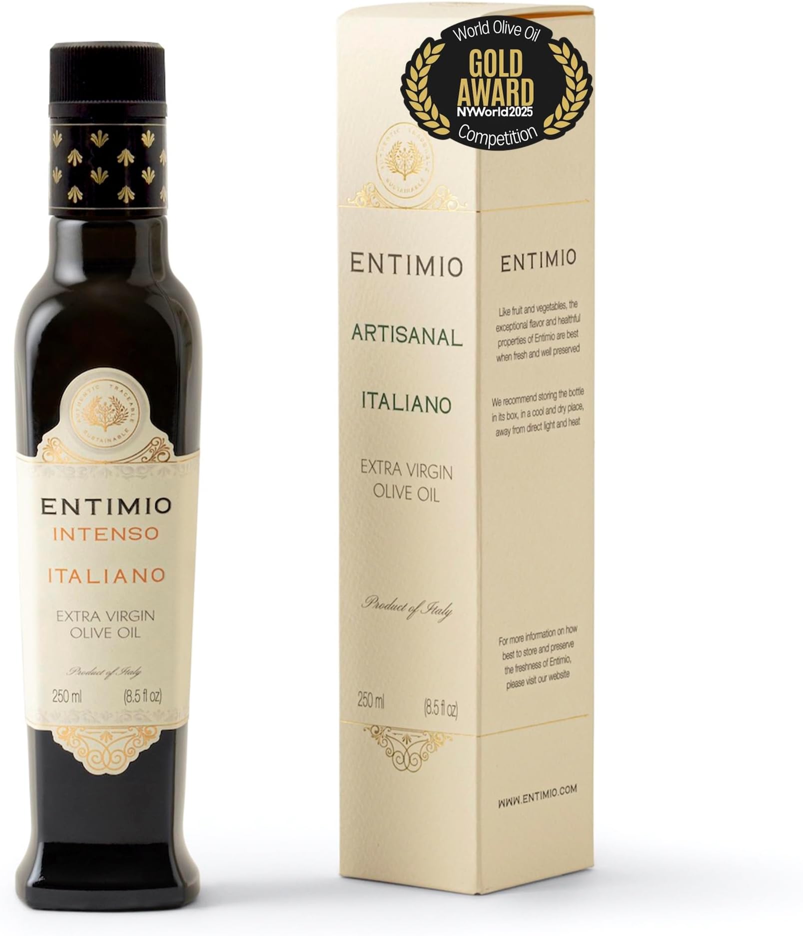 Entimio Intenso +900 mg/kg Polyphenol Rich Organic Extra Virgin Olive Oil, New 2024-2025 Early Harvest Italian Olive Oil from Puglia, Italy, 2024 Gold Winner, Cold Extracted, Lab Tested - 8.5 fl oz