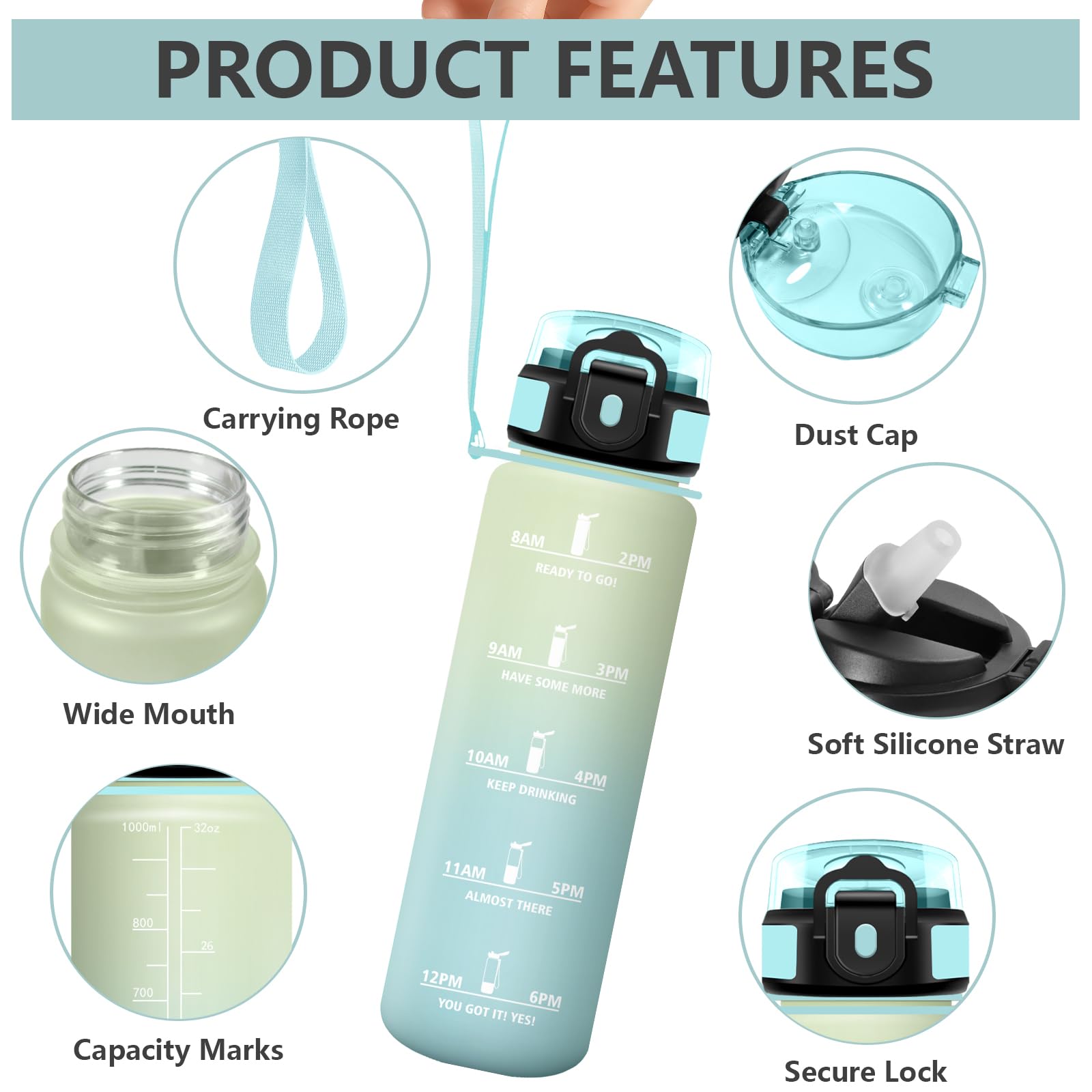 Grsta Borraccia 1 litro, Borraccie Palestra con Cannuccia, Borracce Motivazionale, A Prova di Perdite Bottiglia con Indicatore del Tempo per Ciclismo, Ufficio, Lavoro