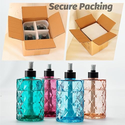 Miniatura 2 de Paquete de 4 antorchas de cristal Tesrago, de citronela para exterior, con mecha y tapa, linterna de llama recargable, linterna decorativa de mesa