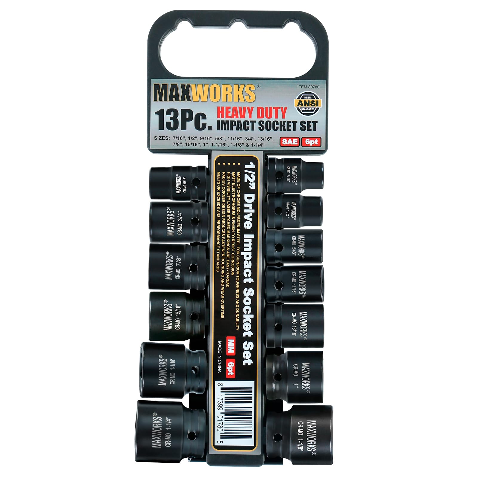MaxWorks 80780 13-Piece 1/2" Drive SAE Impact Socket Set – Heavy-Duty Chrome Molybdenum Steel (Cr-Mo) – 6-Point High-Torque Design, Laser-Etched Size