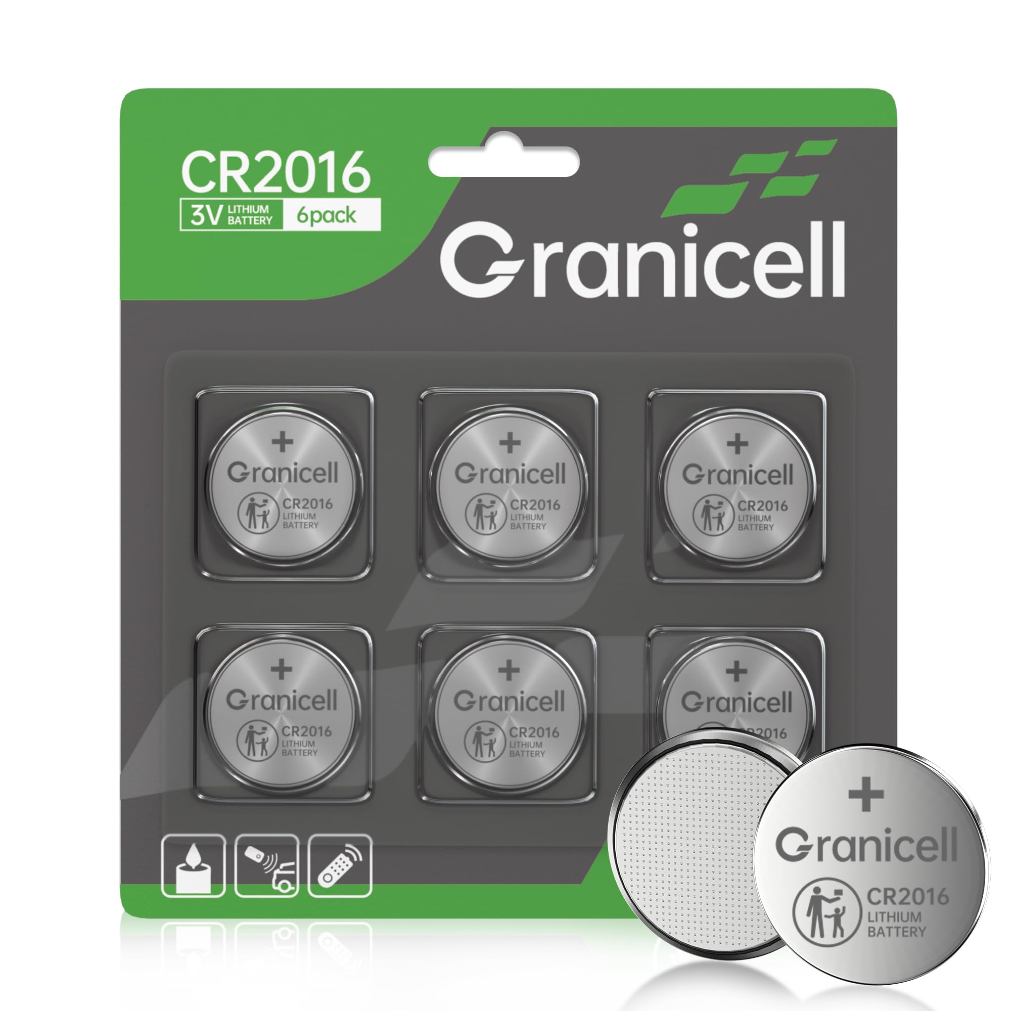 Granicell 2016 Battery Compatible with Medical and Fitness Devices CR2016 Lithium 3V Coin Battery for Child Safety, Suitable for Key Fobs,Car Remote, Watch, Candle and More (CR2016-6)