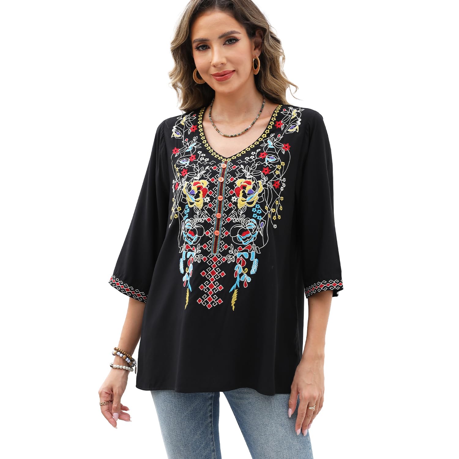 Seasonal Damen Top Bohemie Style mit Blumenstickerei V-Ausschnitt 3/4 Ärmel Leichte Folklore Bluse für Sommer Urlaub Festival Beach