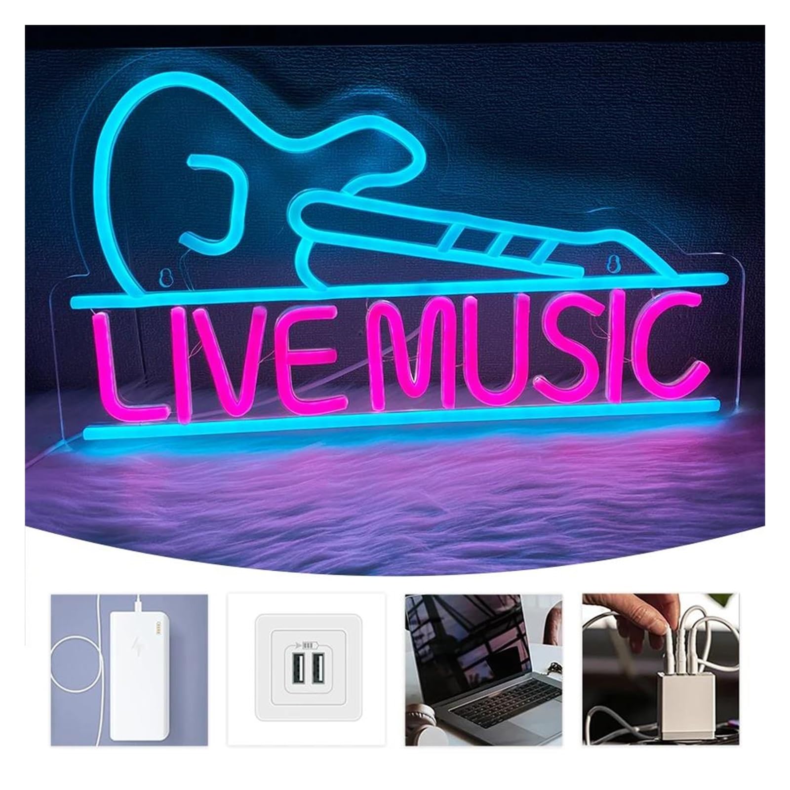 Insegna al Neon Insegna Al Neon Live Music Luce Per Chitarra Blu Dimmerabile Alimentata Tramite USB Per Studi Musicali Club Bar Decorazione Da Parete 42cmx24cm