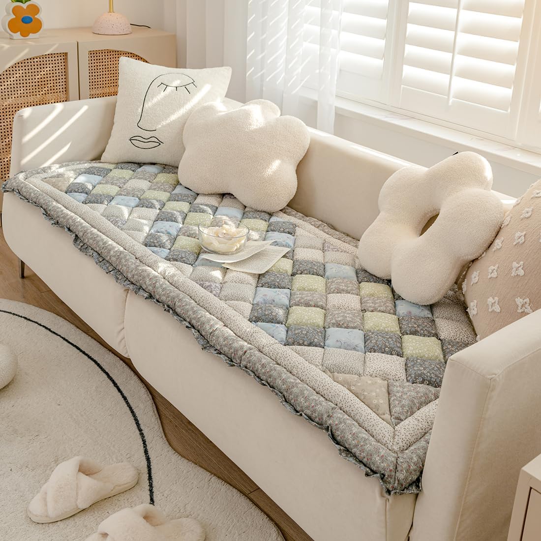 vctops Cotton Quilted Thick Dog Couch Cover for Sofa Boho Handmade Patchwork Sofa Cover Floral Print Floor Mat Area Rugs Non Slip Soft Sofa Slipcover (Grey,24"x70")