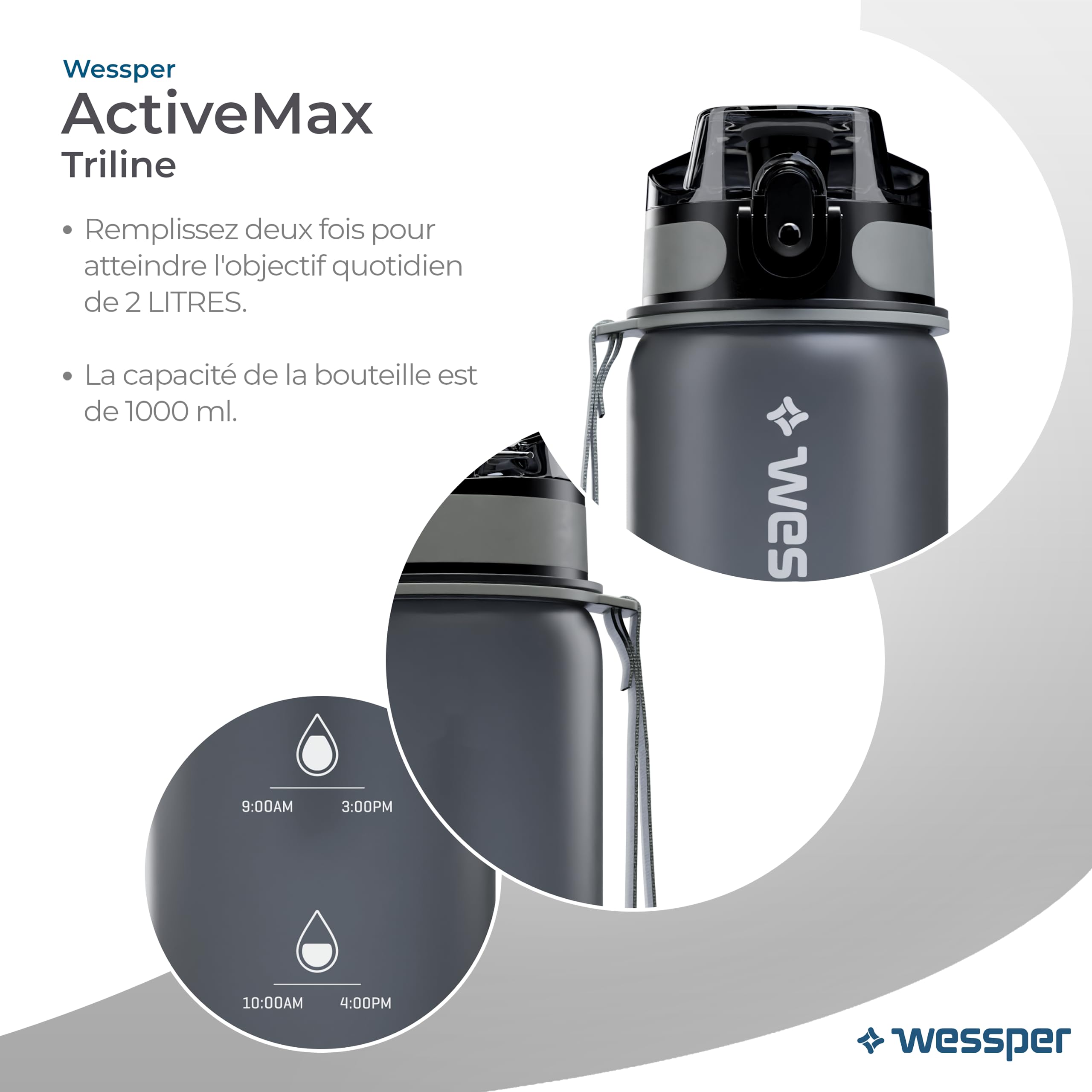 Wessper Active Max Tritan Butelka na wodę o pojemności 1 l, z oznaczeniem czasu, nie zawiera BPA, szczelna, 1 l, na rower, do szkoły, dla dzieci, na wędrówki, sport, szara