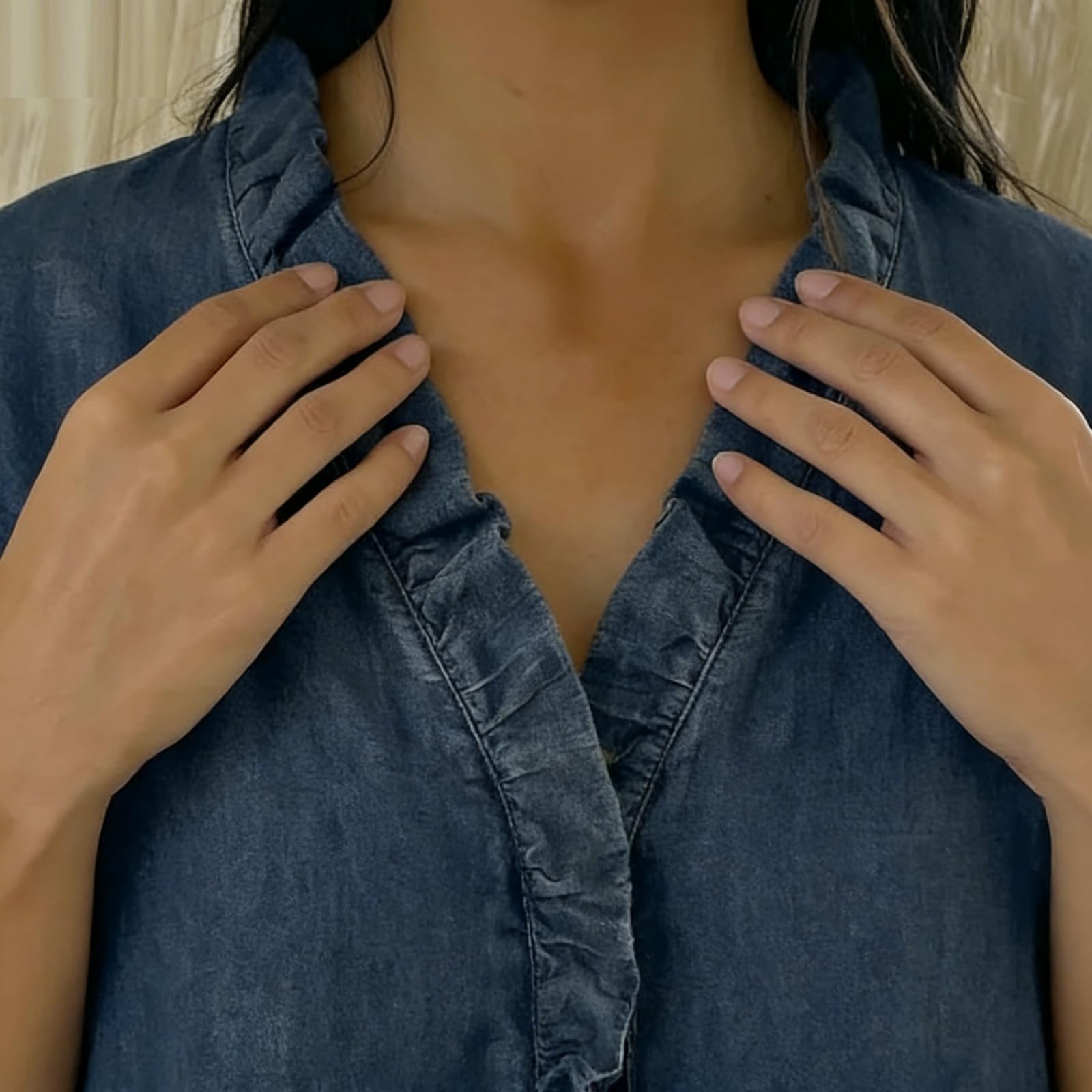 Camicia in jeans da donna con scollo a V, maniche a 3/4 arrotolabili, stile casual, con scollo a V e balze