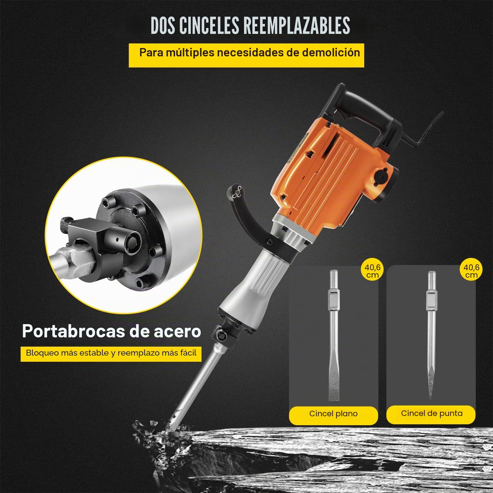 VEVOR Martillo demoledor eléctrico 1500 W 65 A Martillo demoledor con mango ergonómico giratorio a 360° para hormigón, ladrillos, estucos de azulejos, eliminación de cimientos de viviendas