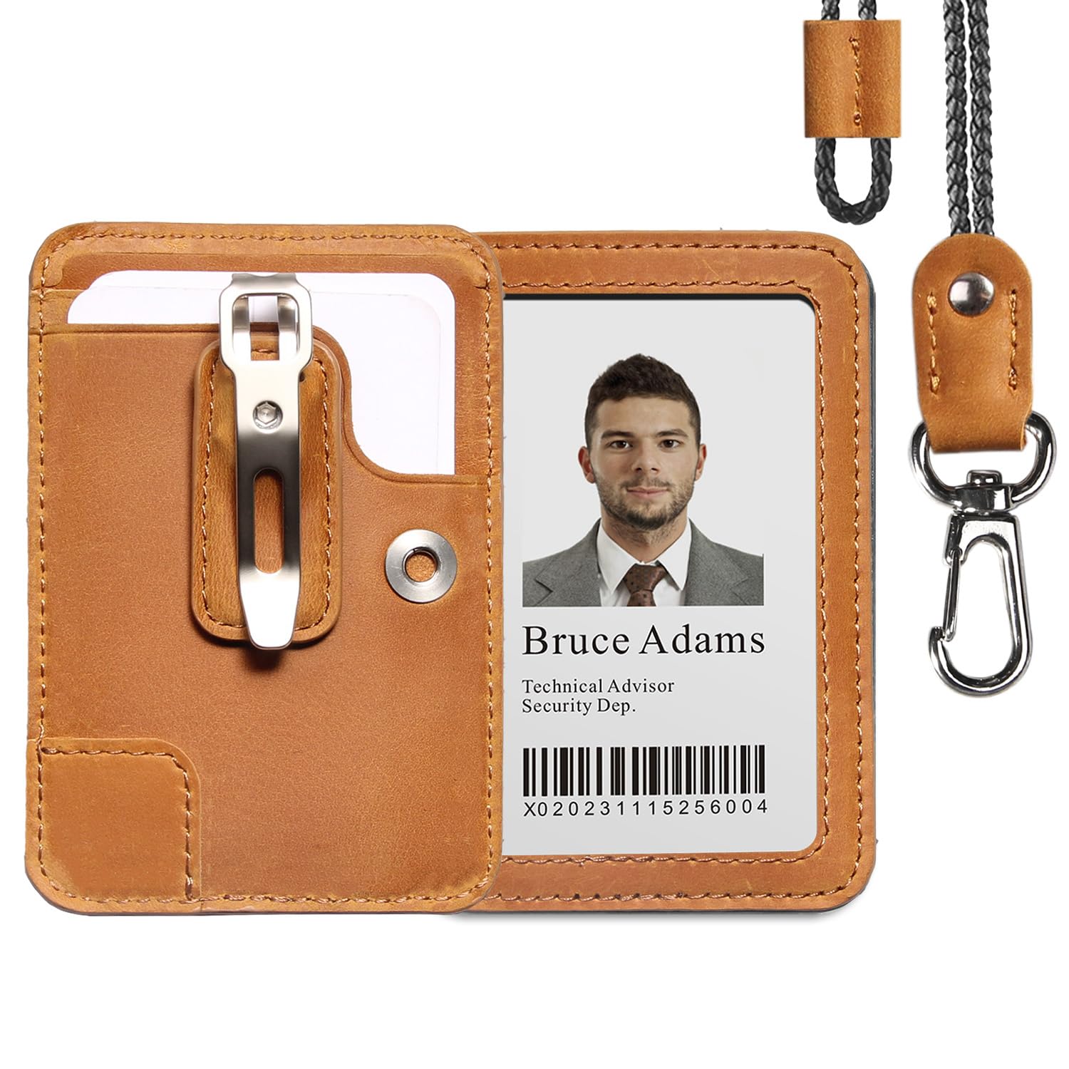 Minimalist Slim Leather Badge Holder with Lanyard for Men Women, Vertical & Horizontal ID Credit Card Wallet with 3 Card Slots, Metal Money Clip, for Work Office School — image 1