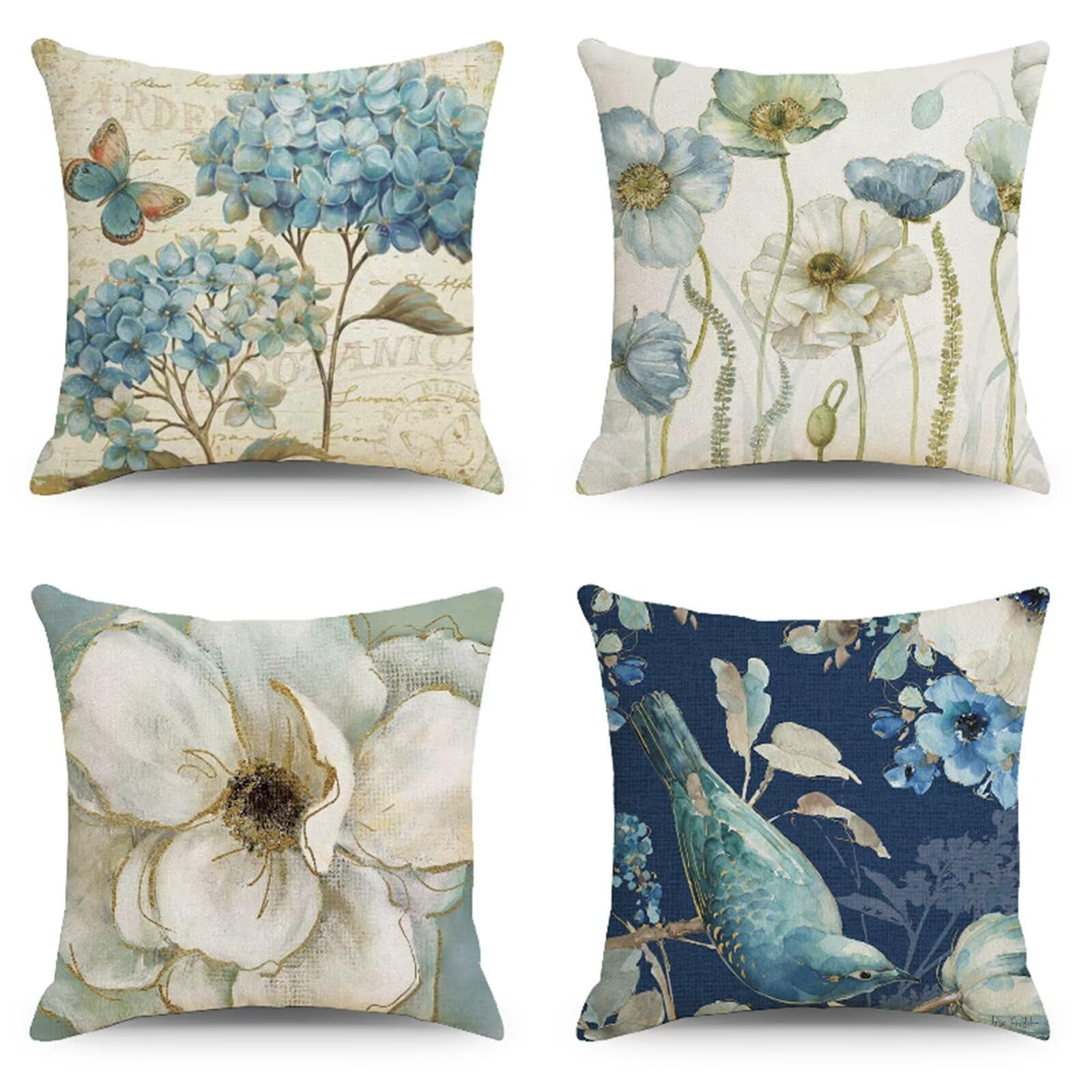 Juego de 4 Azul Moderno Fundas de Cojines,Flores abstractas Cojines Decoracion Impermeable 50x50cm,Otoño Fundas Cojín Lino Decorativas,Sofá Sala de Estar Exterior Jardín Cojin,Cremallera Oculta HY-582