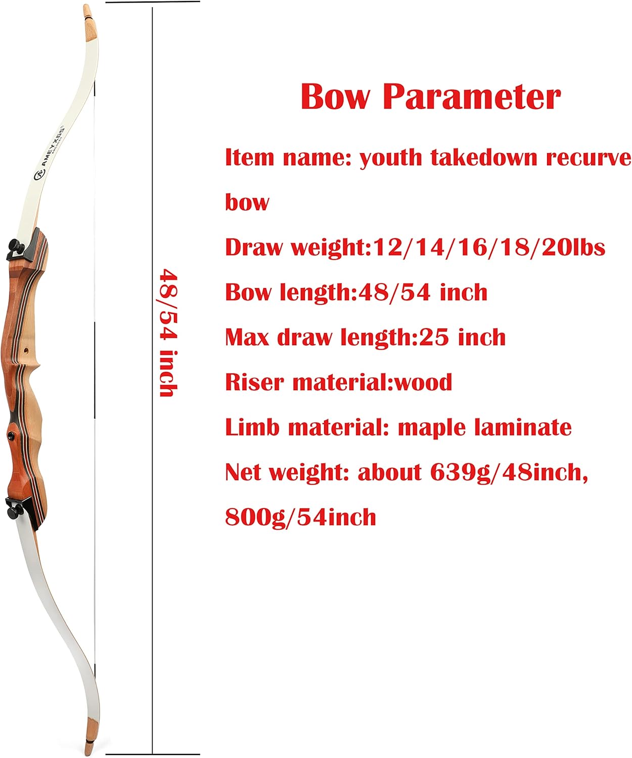 48/54 Inch Archery Takedown Recurve Bow and Arrow Set 10-20Lbs Right Hand Wood Bow for Women Beginner Outdoor Training Game