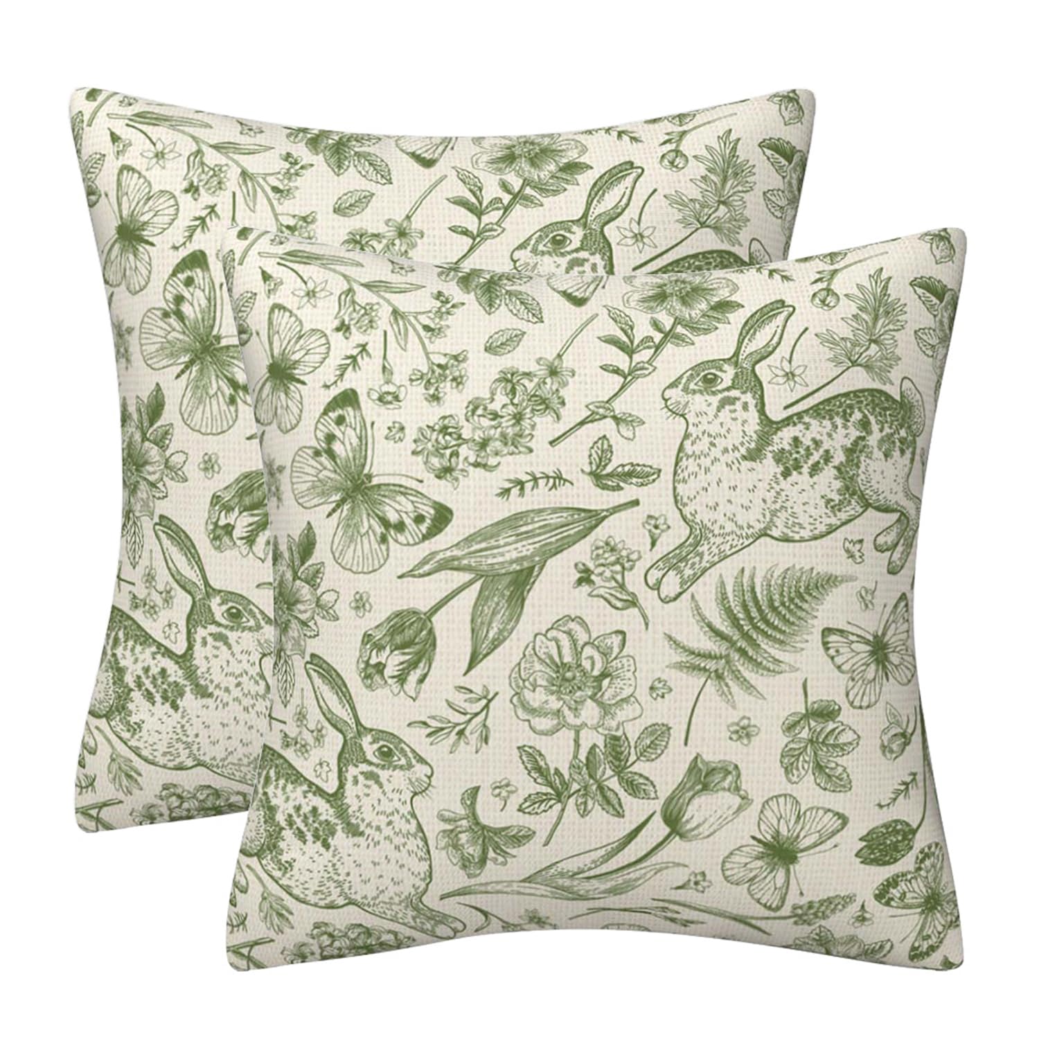 DILOXNSU 2er Set Salbei Grün Kissenbezug 45 x 45 cm Bunny Blumen Blatt Schmetterling Kissenhülle Kissen Dekokissen Couchkissen Ostern Kissenbezüge für Sofa Wohnzimmer Sofakissen Kissenhüllen