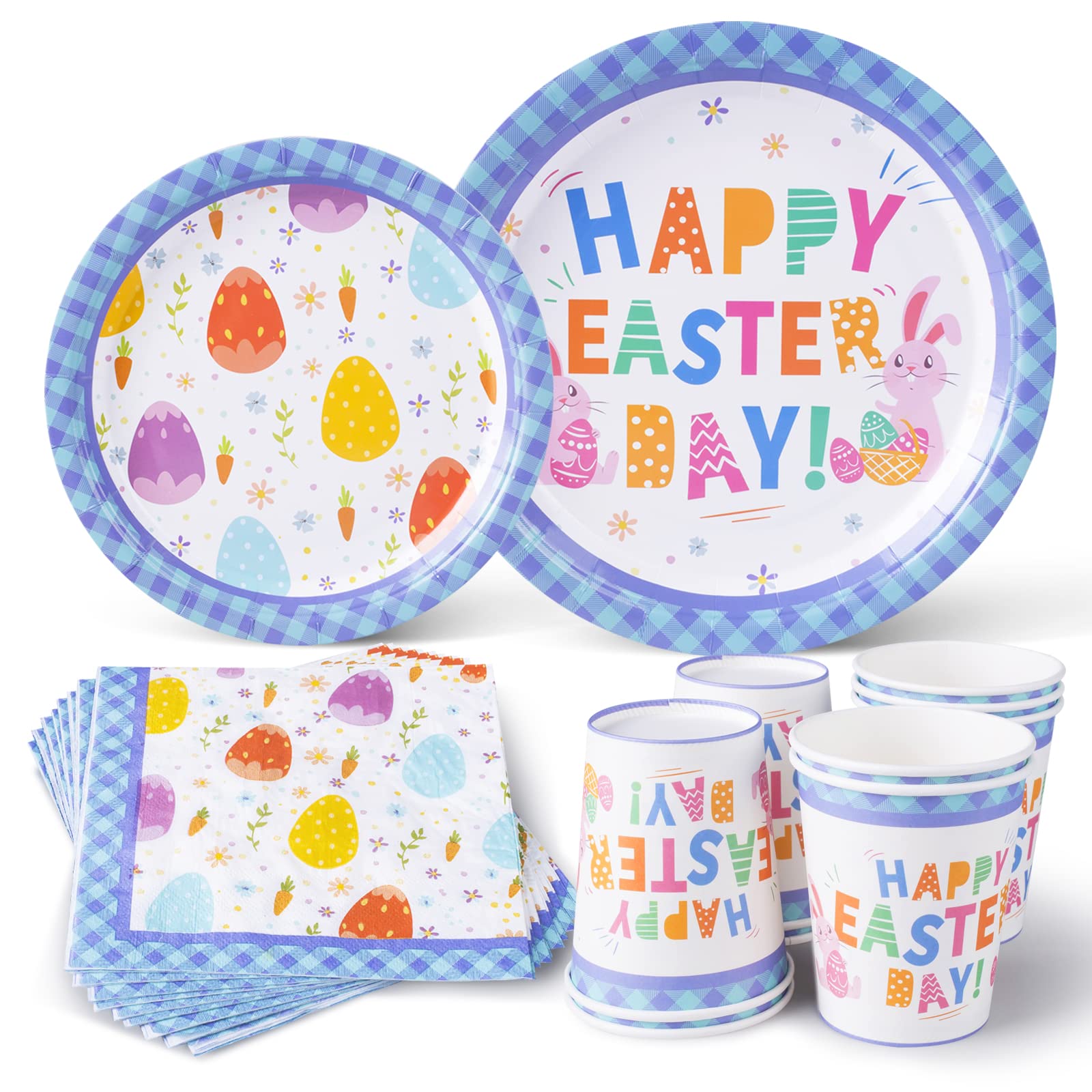 Happy Easter Paper Plates and Napkins Cups Sets Bunny Party Supplies and Decorations Sets Serves 24