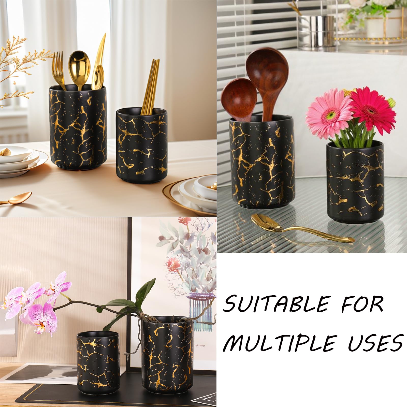 2 x Utensilienhalter aus schwarzem goldenem Marmor
