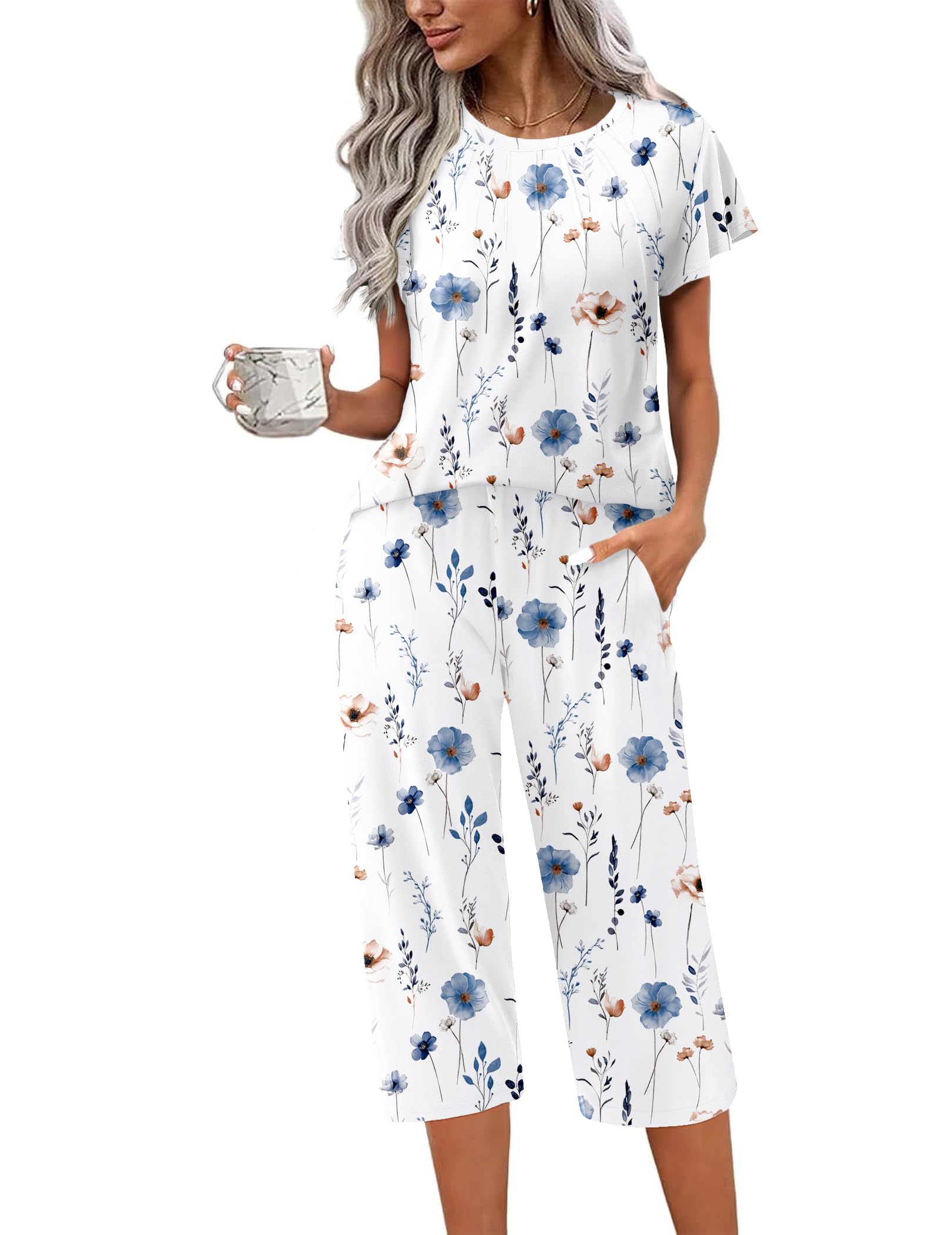 Ekouaer Capri Pajamas Set Womens Ruffle Sleeve Top and Capri Pants Soft Sleepwear Loungewear with Pockets